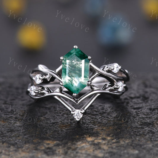 Unique Hexagon Moss Agate Engagement Ring,Vintage Twig Diamond Ring,Branch Ring,White Gold Silver Ring,Promise Bridal Set,Green Agate Ring