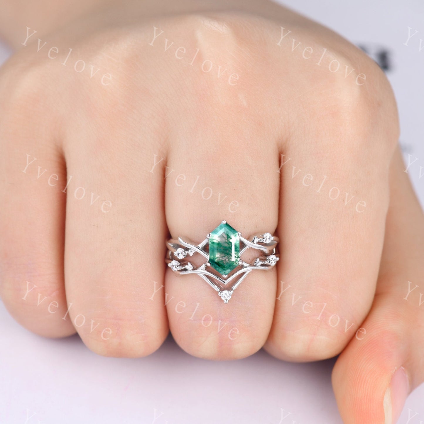 Unique Hexagon Moss Agate Engagement Ring,Vintage Twig Diamond Ring,Branch Ring,White Gold Silver Ring,Promise Bridal Set,Green Agate Ring