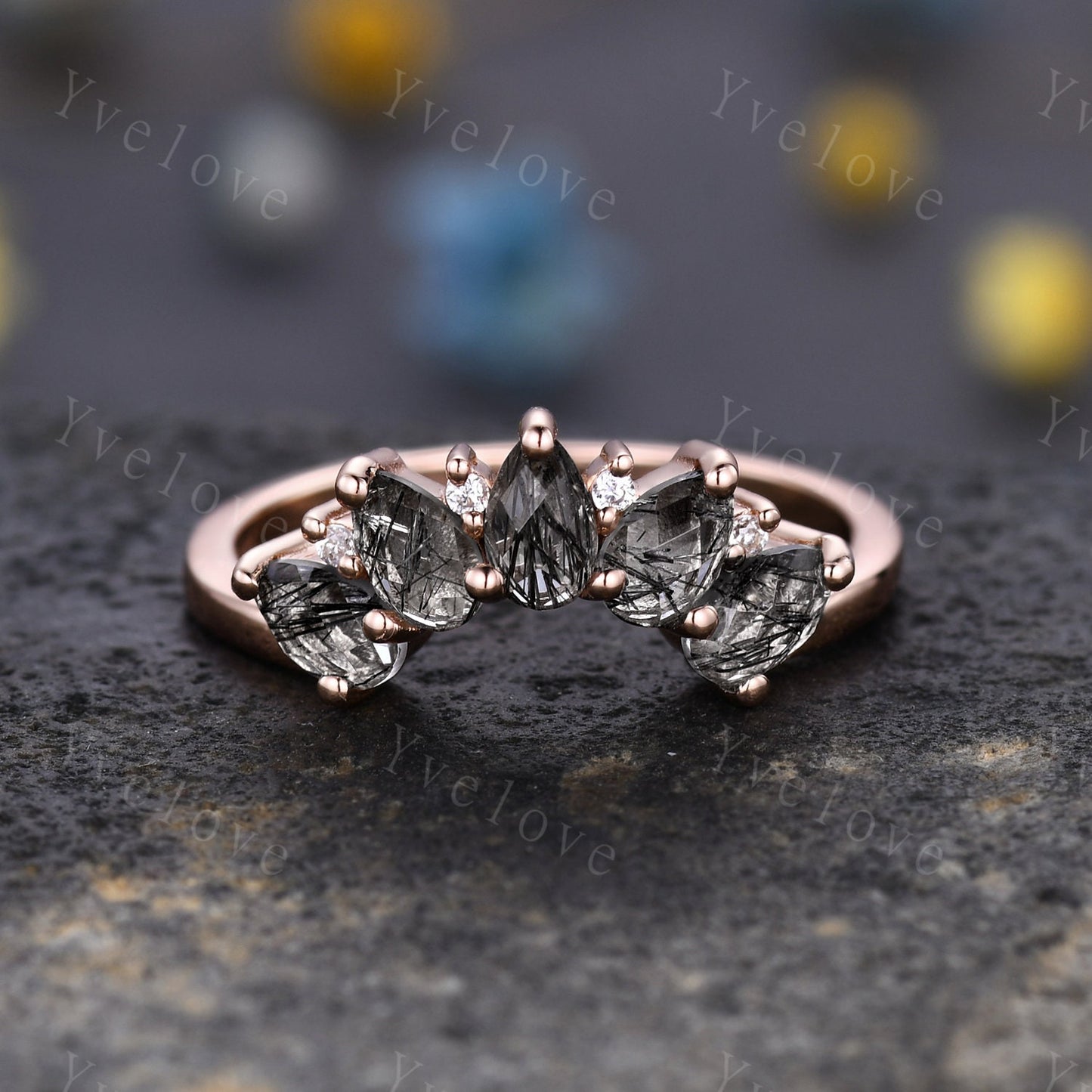 Black rutilate quartz wedding band,Statement ring,Curved wedding ring,Unique Stacking ring diamond ring,Matching band,Women Jewelry Gift