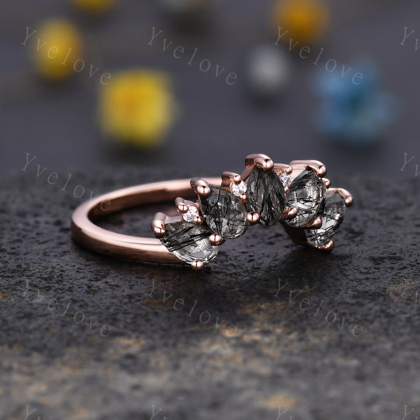 Black rutilate quartz wedding band,Statement ring,Curved wedding ring,Unique Stacking ring diamond ring,Matching band,Women Jewelry Gift