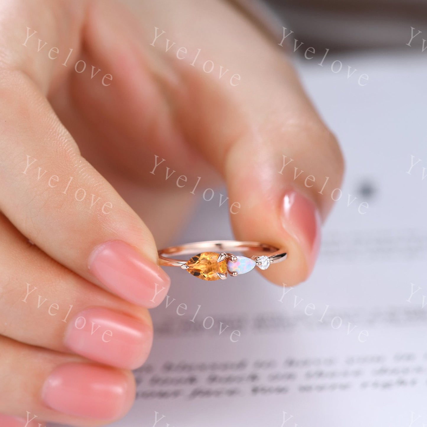 Vintage Yellow Citrine Opal Engagement Ring,Pear Cut Gems,Art Deco Moissanite Wedding Band,3 Stone Unique Women Bridal Promise Ring,Gold