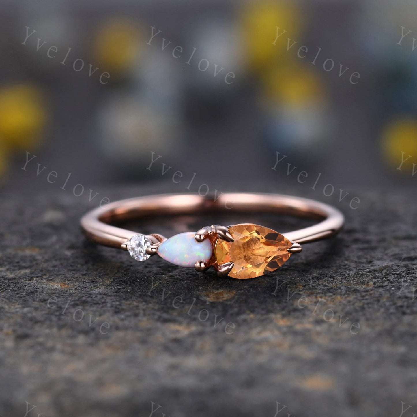 Vintage Yellow Citrine Opal Engagement Ring,Pear Cut Gems,Art Deco Moissanite Wedding Band,3 Stone Unique Women Bridal Promise Ring,Gold