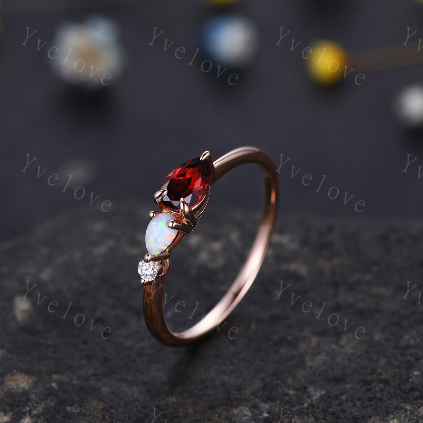 Vintage Red Garnet Opal Engagement Ring,Pear Cut Gems,Art Deco Moissanite Wedding Band,3 Stone Unique Women Bridal Promise Ring,Custom Ring