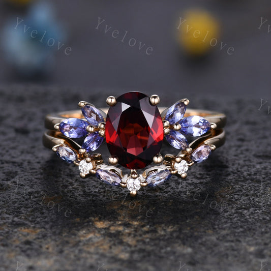 Garnet engagement ring set rose gold art deco ring tanzanite moissanite stacking wedding band women promise ring bridal set anniversary gift
