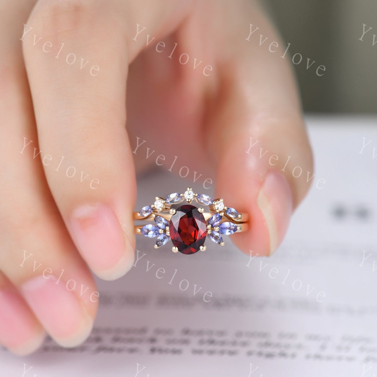 Garnet engagement ring set rose gold art deco ring tanzanite moissanite stacking wedding band women promise ring bridal set anniversary gift
