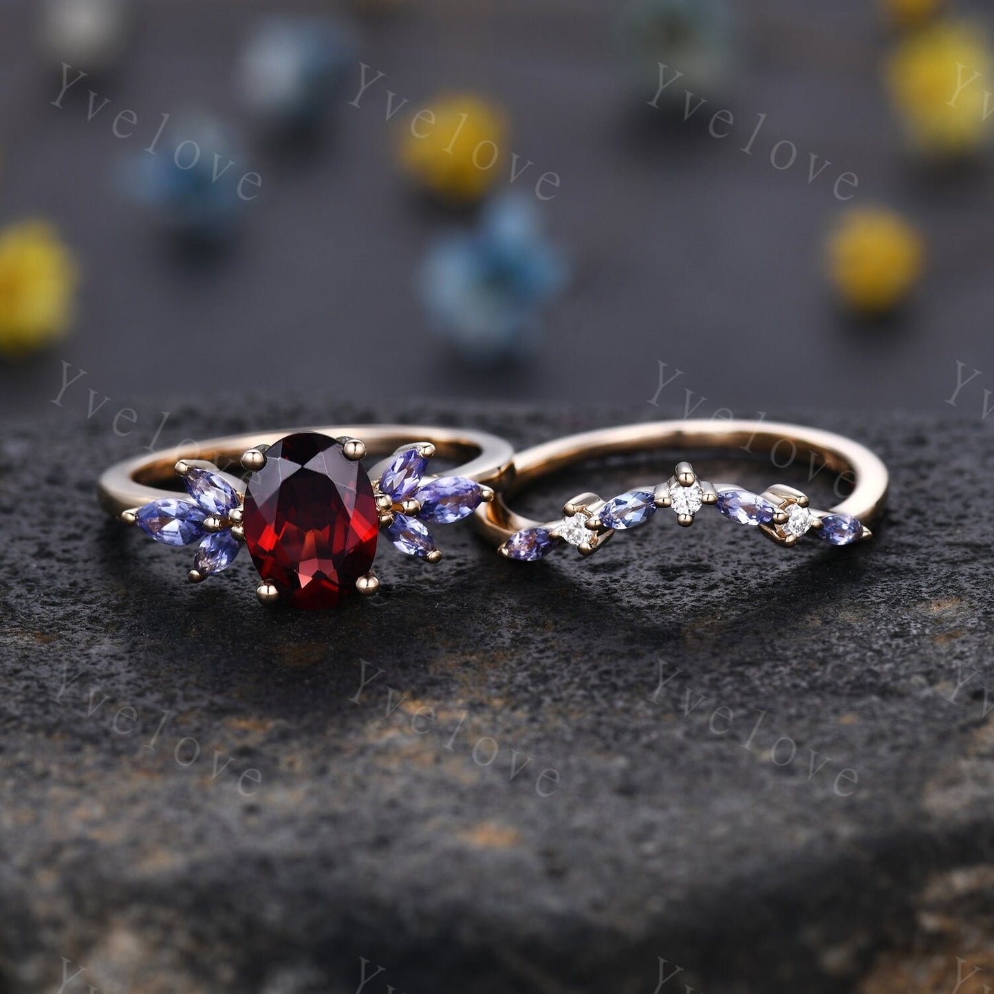 Garnet engagement ring rose gold art deco ring tanzanite moissanite stacking wedding band women promise ring bridal ring anniversary gift