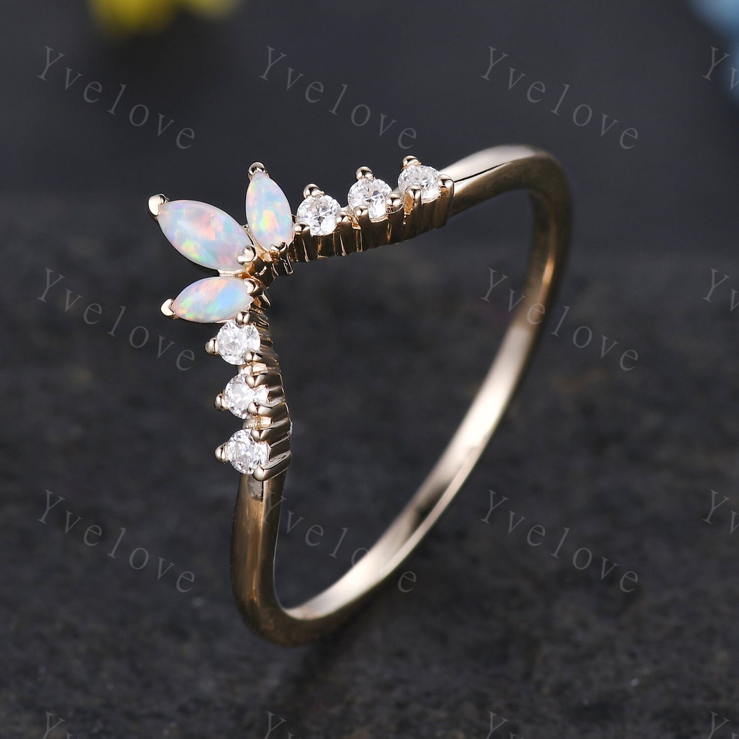 Art Deco Opal Wedding Band,Marquise Opal Band,Moissanite Diamond Band,V Chevron Ring,Matching Stacking Ring Bridal Promise Ring Gift,Silver