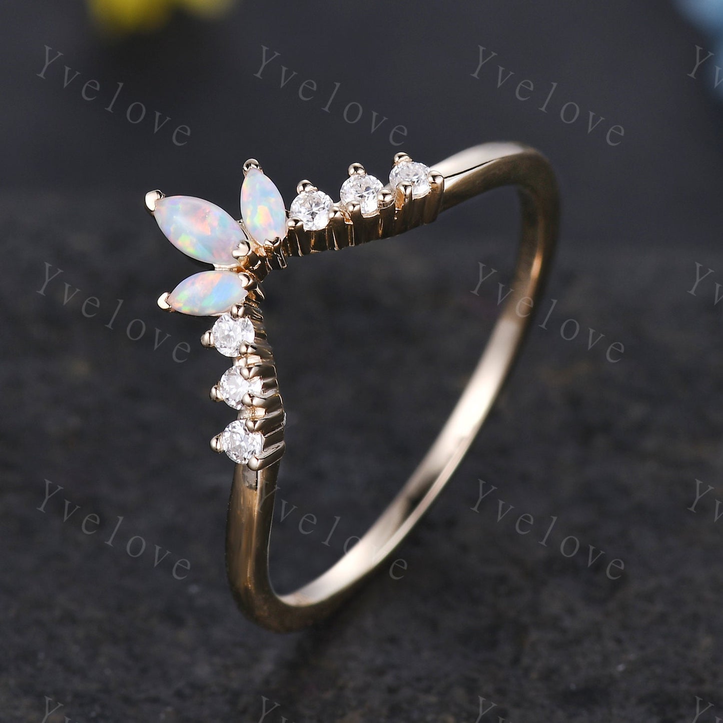 Art Deco Opal Wedding Band,Marquise Opal Band,Moissanite Diamond Wedding Band,V Chevron Ring,Matching Stacking Ring Bridal Promise Ring Gift