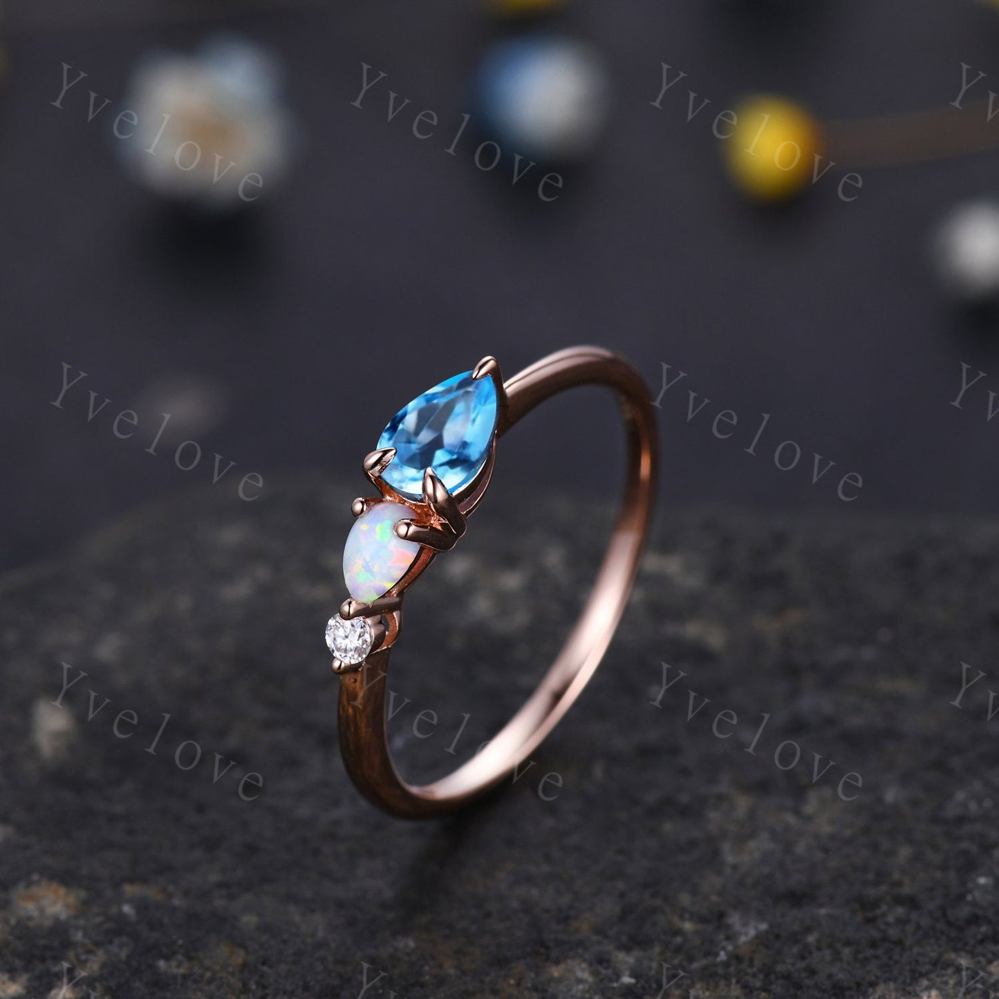 Vintage Swiss Blue Topaz Opal Engagement Ring,Pear Cut Gems,Art Deco Moissanite Wedding Band,3 Stone Unique Women Bridal Promise Ring,Silver