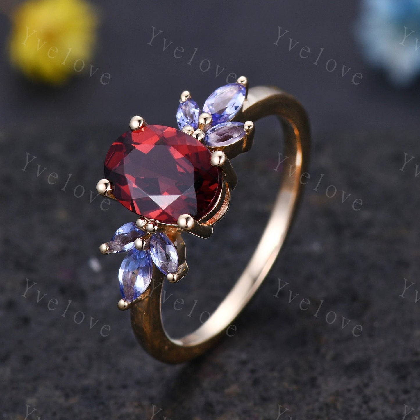 Garnet engagement ring rose gold art deco ring tanzanite moissanite stacking wedding band women promise ring bridal ring anniversary gift