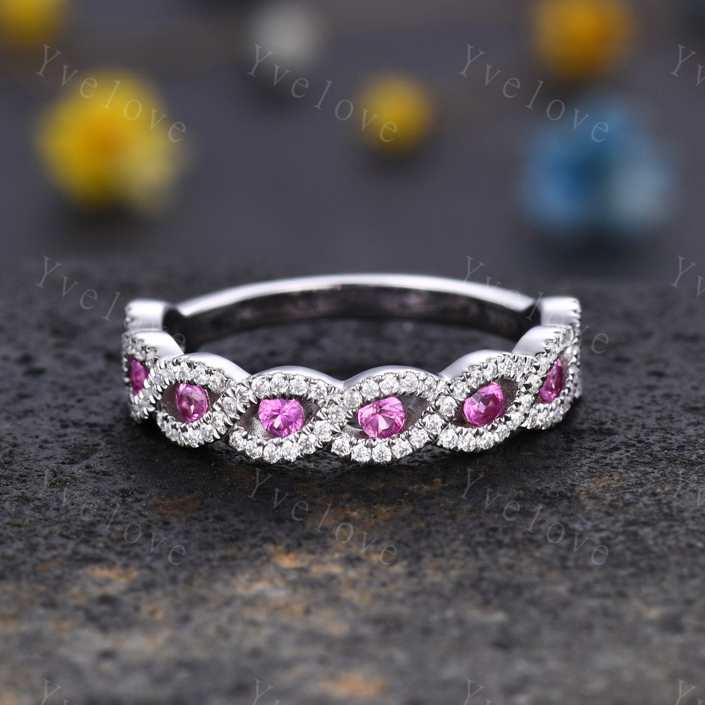 Pink sapphire wedding ring,vintage moissanite engagement band,unique wedding band, stacking band rose gold band,birthstone rings,customized