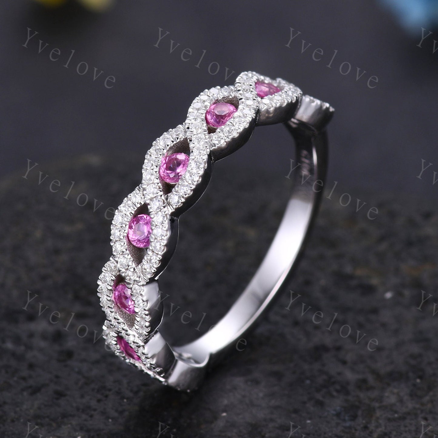 Pink sapphire wedding ring,vintage moissanite engagement band,unique wedding band, stacking band rose gold band,birthstone rings,customized