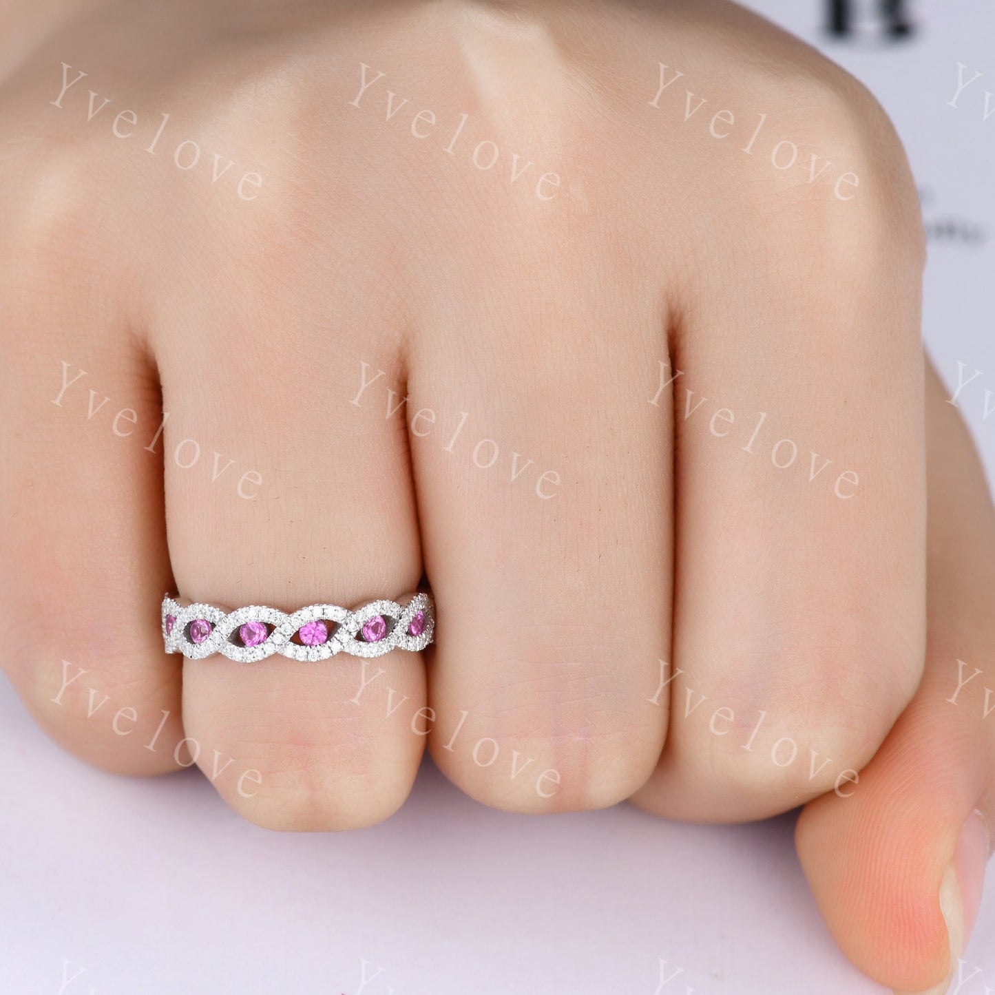 Pink sapphire wedding ring,vintage moissanite engagement band,unique wedding band, stacking band rose gold band,birthstone rings,customized