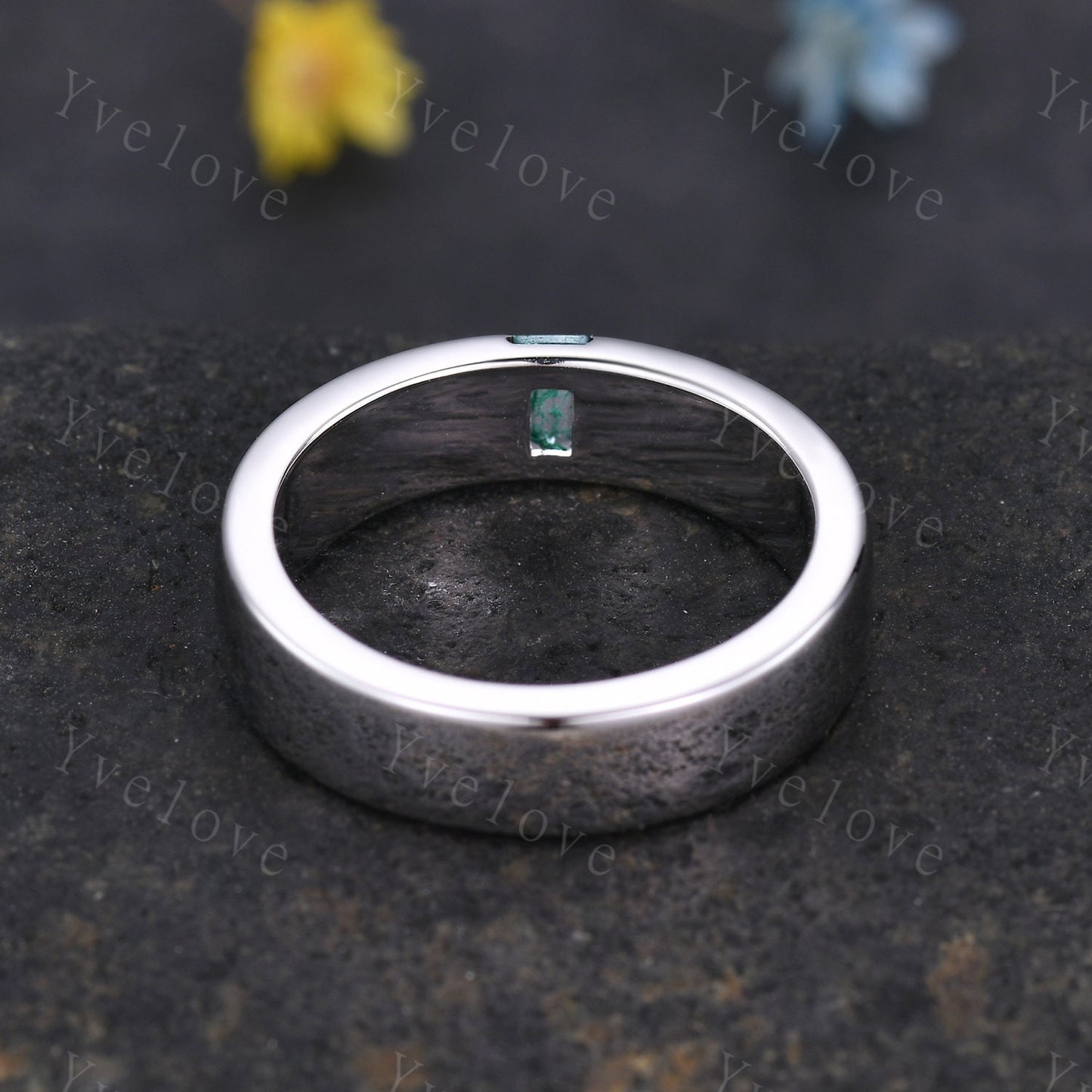 Mens Jade Wedding Band Baguette Cut Green Jade Band 5mm Solid Gold Ring Mens Solitaire Stacking Matching Band Retro Vintage Ring Gift