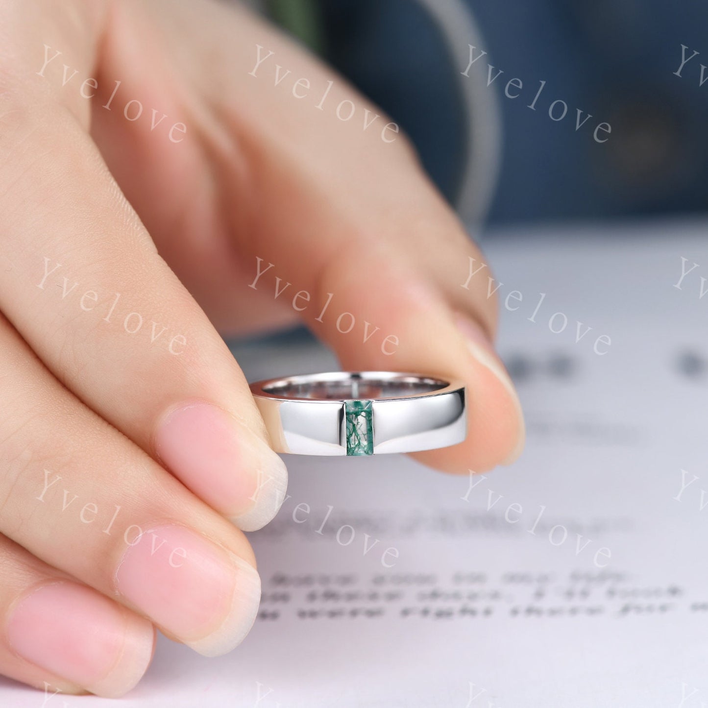 Mens Moss agate Wedding Band Baguette Cut Green Agate Band 5mm Solid Gold Ring Mens Solitaire Stacking Matching Band Retro Vintage Ring Gift
