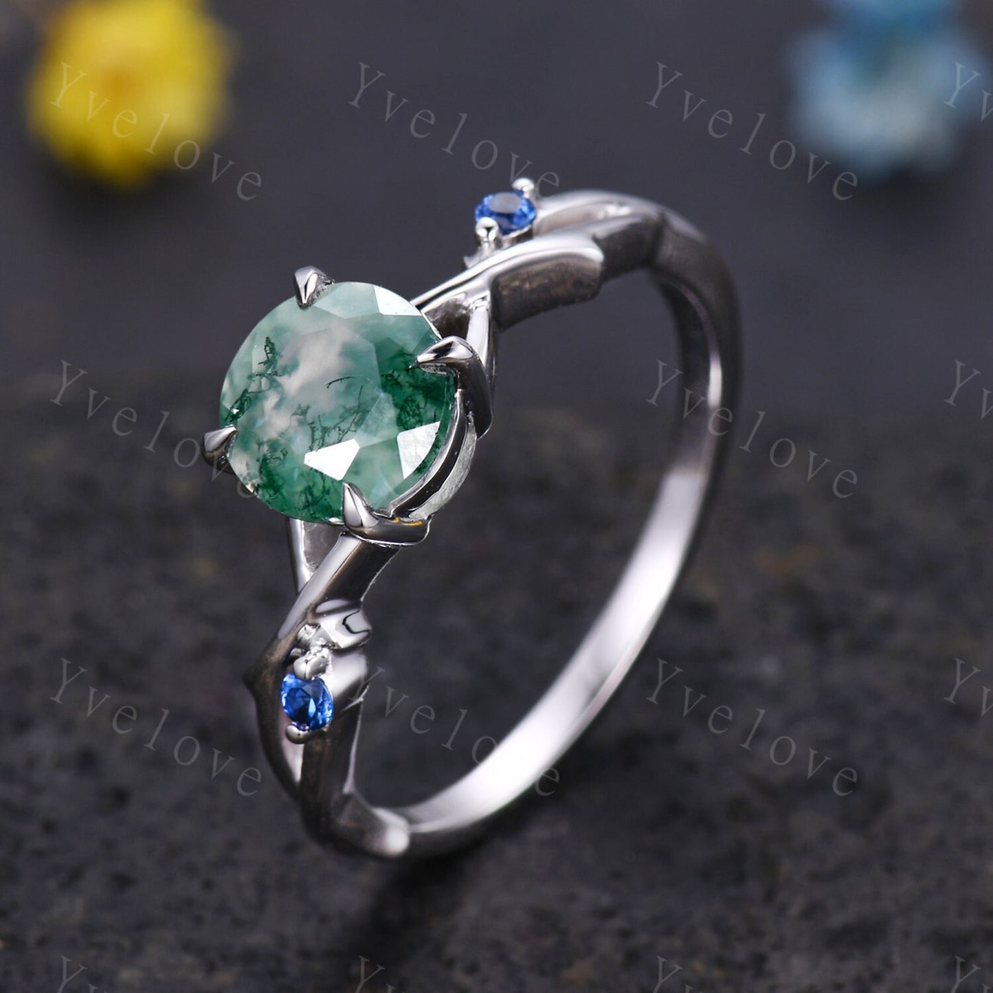 Unique Moss Agate Engagement Ring,Vintage Sapphire Ring,Branch Ring,Sterling Sliver,Twisted Ring Promise Bridal Set,Green Agate Ring For her