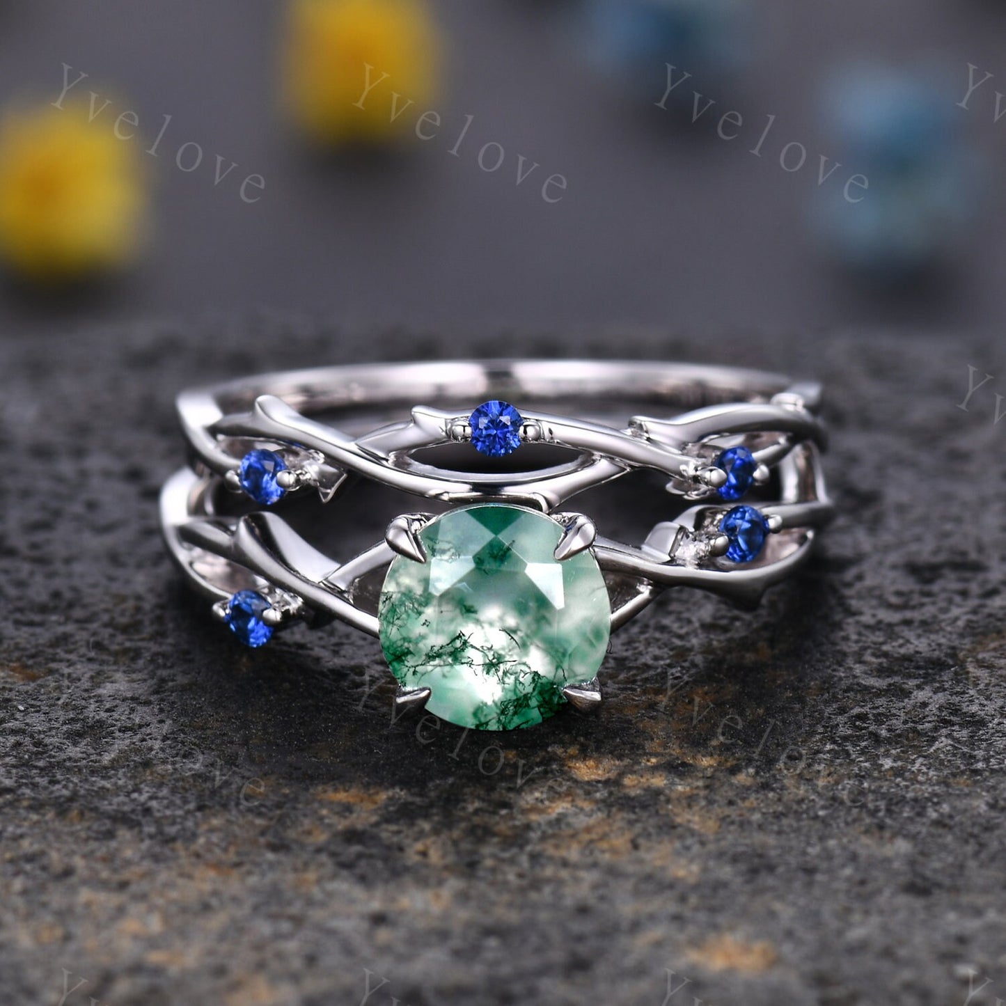 Unique Moss Agate Engagement Ring,Vintage Sapphire Ring,Branch Ring,Sterling Sliver,Twisted Ring Promise Bridal Set,Green Agate Ring For her