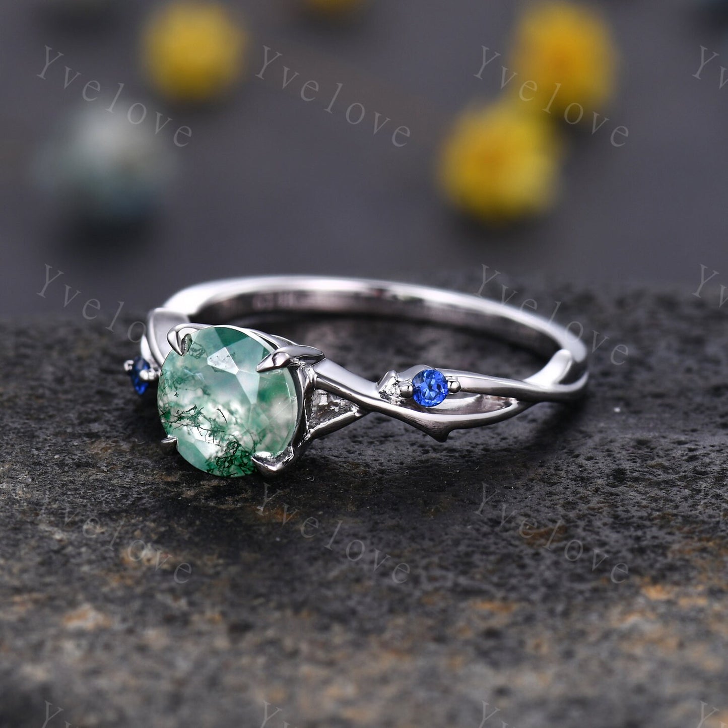 Unique Moss Agate Engagement Ring,Vintage Sapphire Ring,Branch Ring,Sterling Sliver,Twisted Ring Promise Bridal Set,Green Agate Ring For her