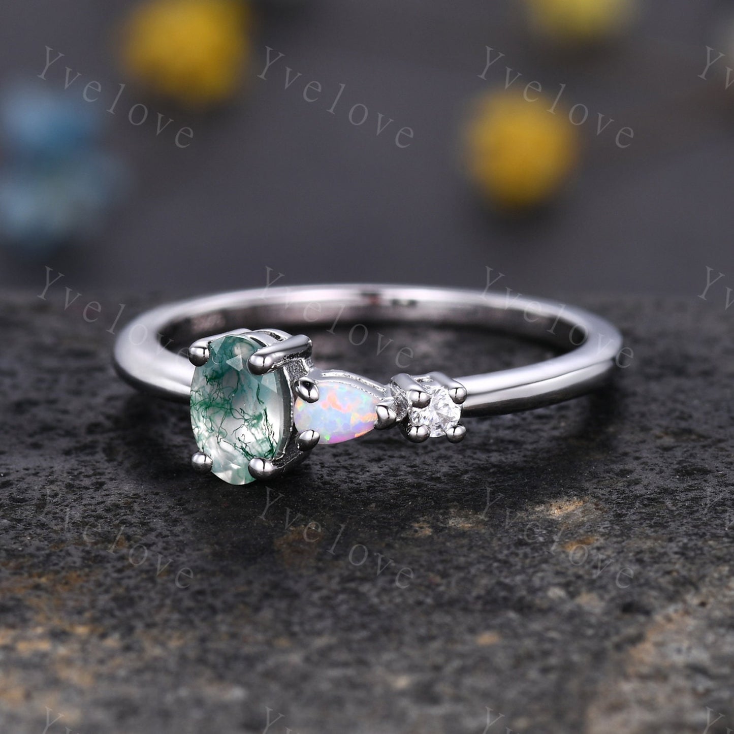 Unique Moss Agate Opal Engagement Ring,Oval Cut Gems,Art Deco Moissanite Wedding Band,3 Stone Unique Women Bridal Promise Ring,Customized