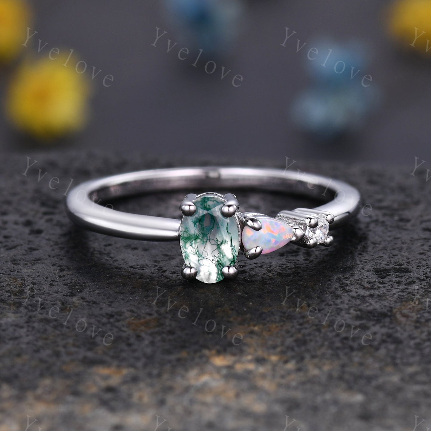 Unique Moss Agate Opal Engagement Ring,Oval Cut Gems,Art Deco Moissanite Wedding Band,3 Stone Unique Women Bridal Promise Ring,Customized