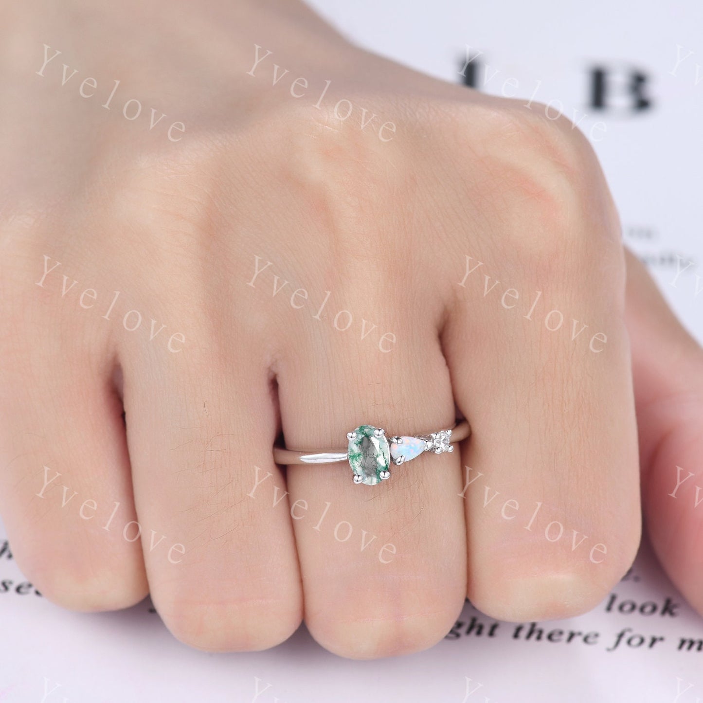 Unique Moss Agate Opal Engagement Ring,Oval Cut Gems,Art Deco Moissanite Wedding Band,3 Stone Unique Women Bridal Promise Ring,Customized