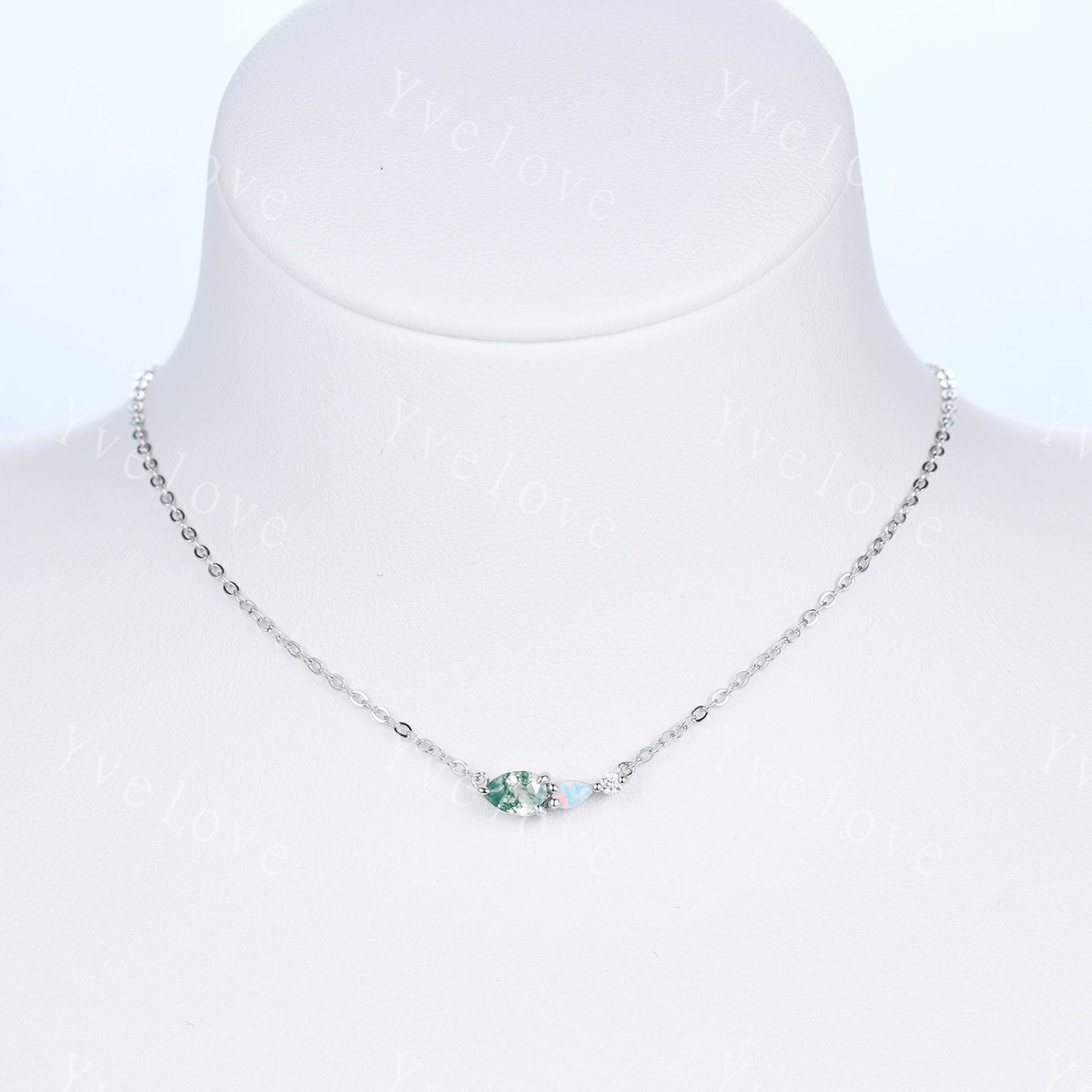 Unique Moss Agate Opal Necklace,Pear Cut Gems,Art Deco Moissanite Diamond Delicate Dainty Necklace,3 Stone Unique Women Bridal Gift,Silver