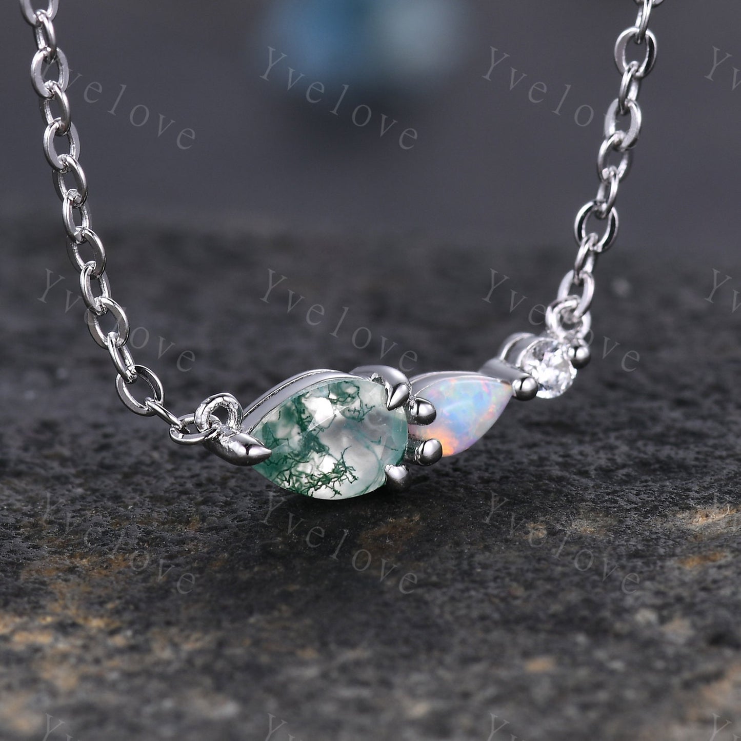Unique Moss Agate Opal Necklace,Pear Cut Gems,Art Deco Moissanite Diamond Delicate Dainty Necklace,3 Stone Unique Women Bridal Gift,Silver