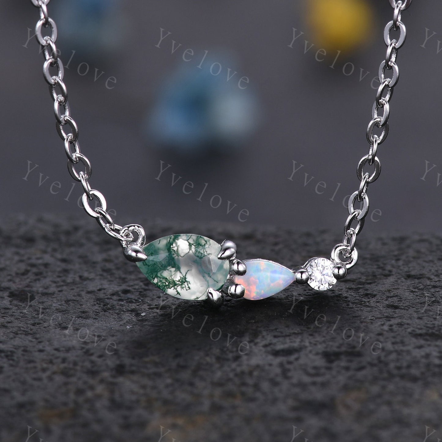 Unique Garnet Opal Necklace,Pear Cut Gems,Art Deco Moissanite Diamond Delicate Dainty Necklace,3 Stone Unique Women Bridal Gift,White gold