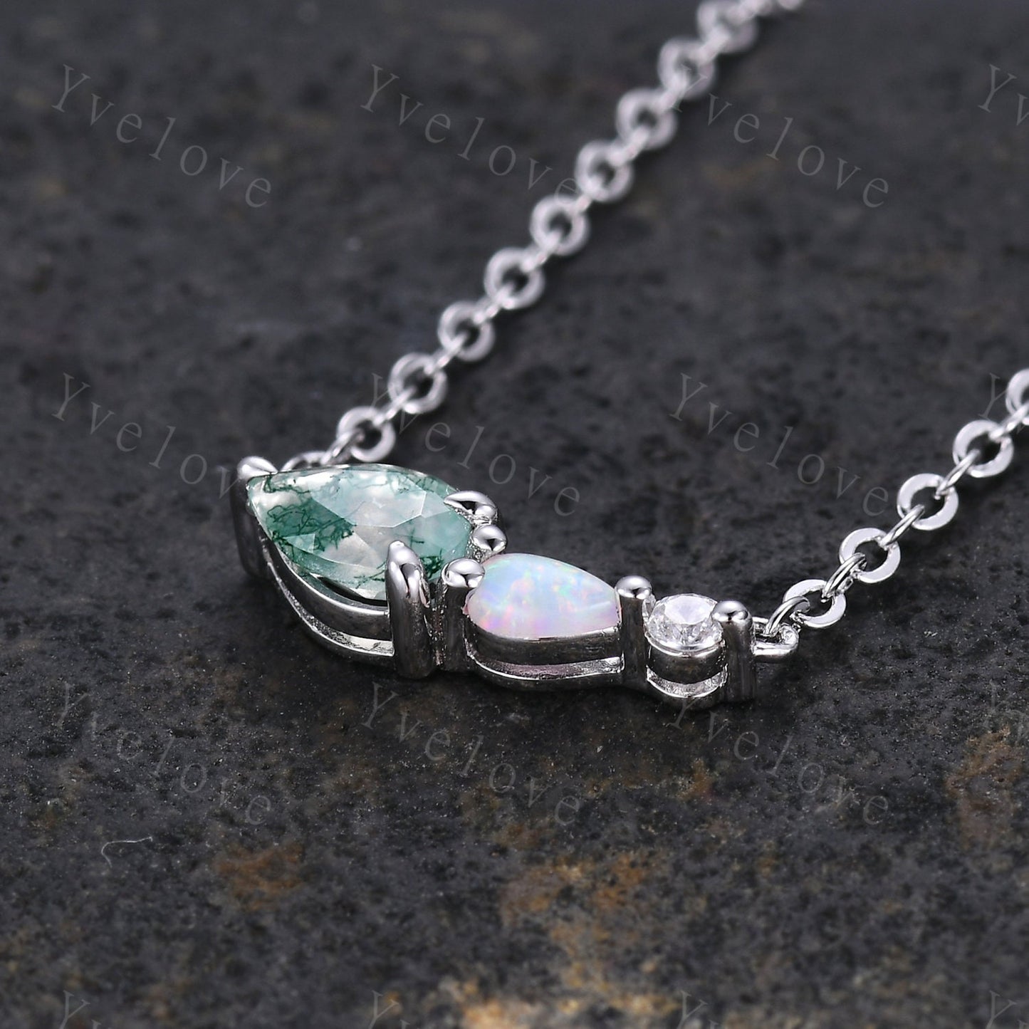 Unique Moss Agate Opal Necklace,Pear Cut Gems,Art Deco Moissanite Diamond Delicate Dainty Necklace,3 Stone Unique Women Bridal Gift,Silver