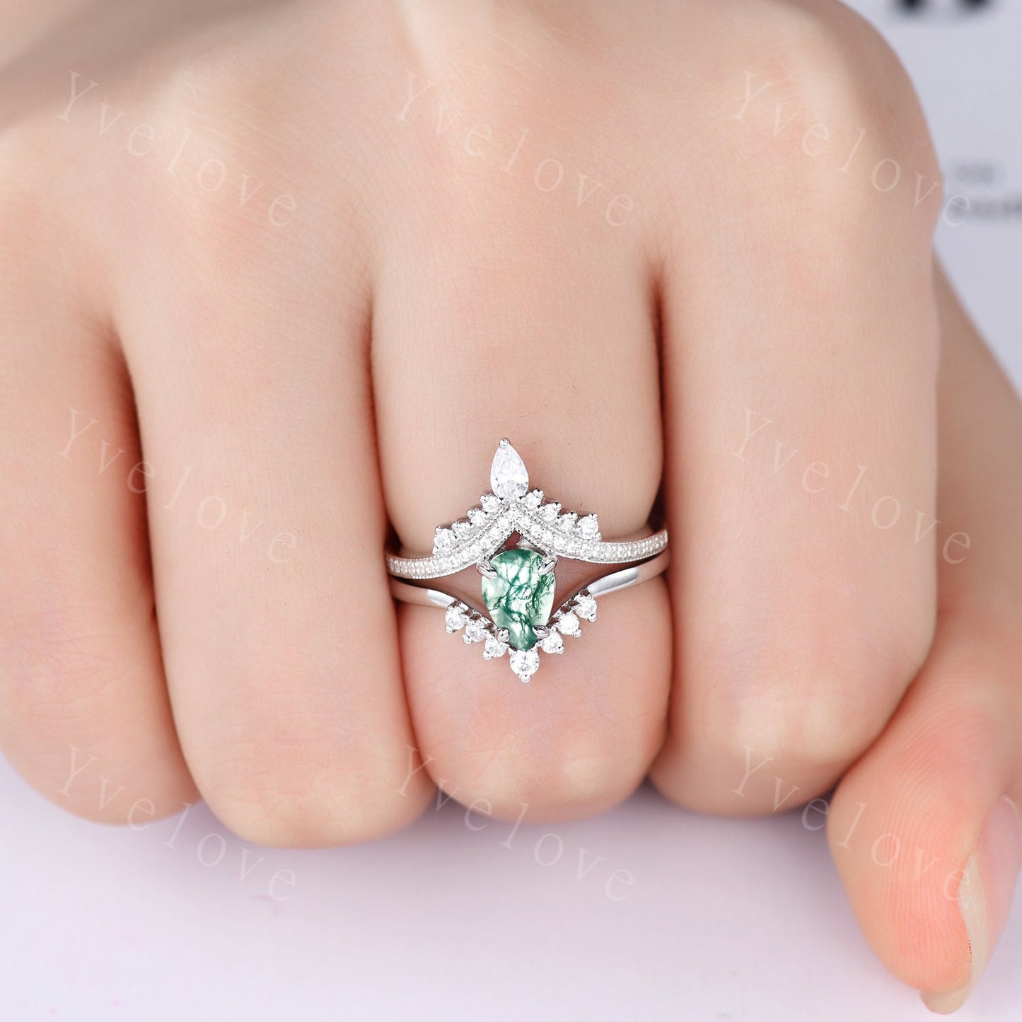 Pear shaped moss agate ring white gold ring vintage moss agate engagement ring set Curved moissanite Band Ring women art deco ring for her