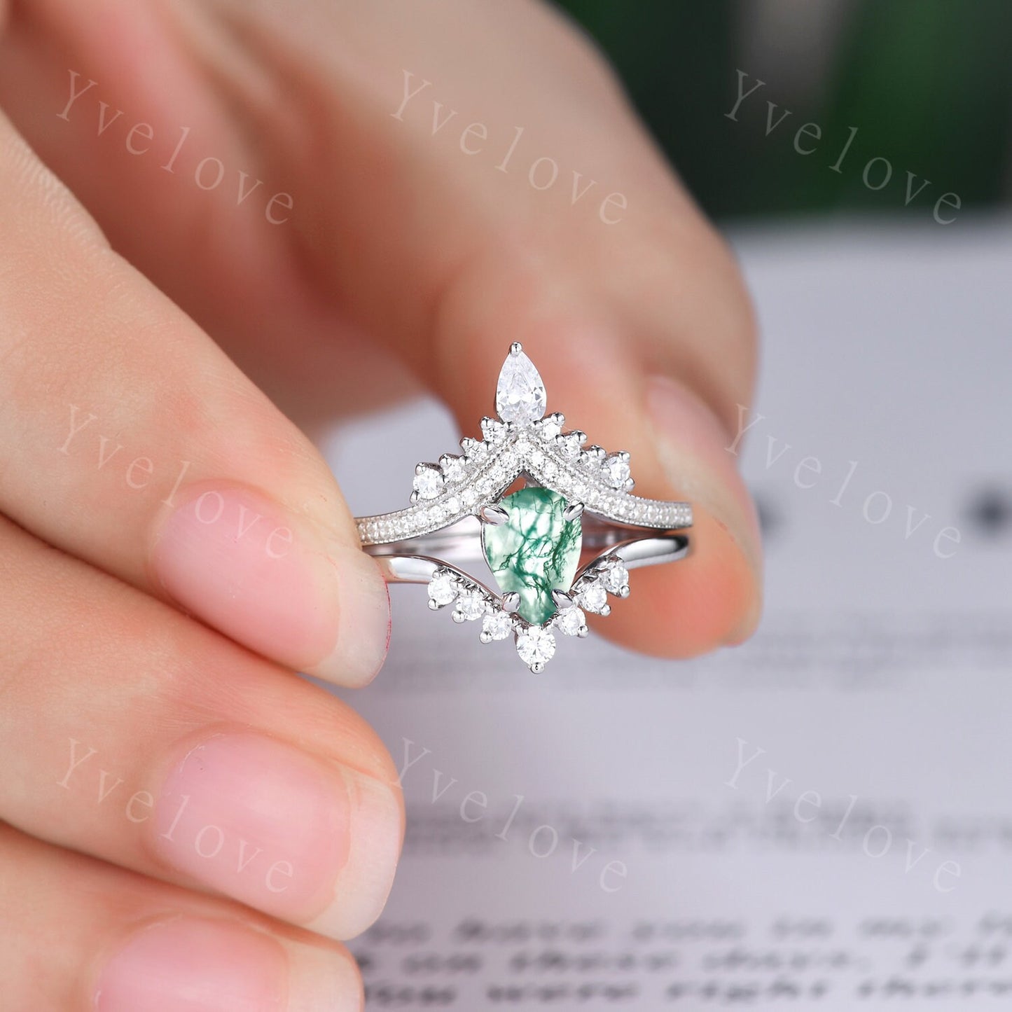 Pear shaped moss agate ring white gold ring vintage moss agate engagement ring set Curved moissanite Band Ring women art deco ring for her