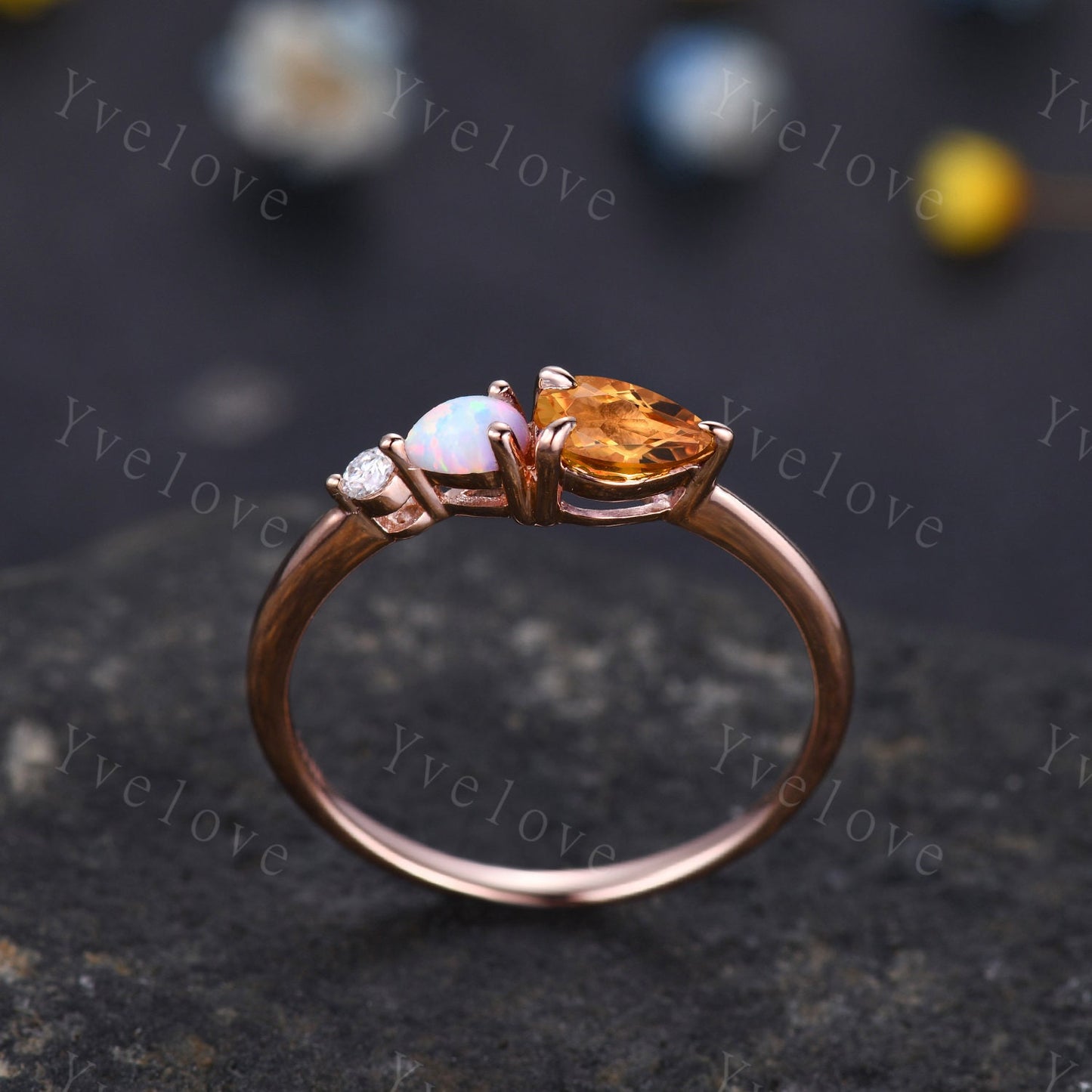 Vintage Yellow Citrine Opal Engagement Ring,Pear Cut Gems,Art Deco Moissanite Wedding Band,3 Stone Unique Women Bridal Promise Ring,Gold
