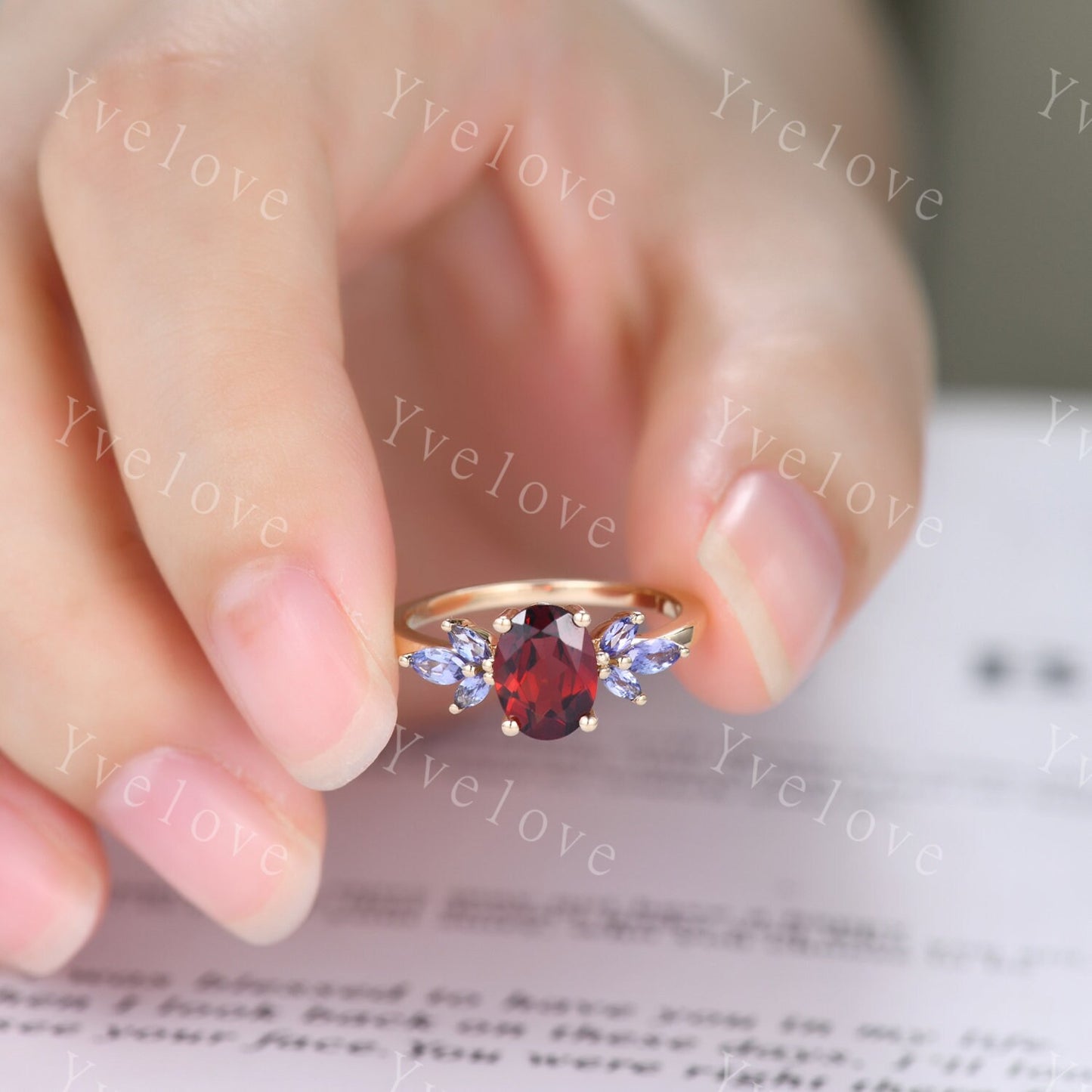 Garnet engagement ring set rose gold art deco ring tanzanite moissanite stacking wedding band women promise ring bridal set anniversary gift