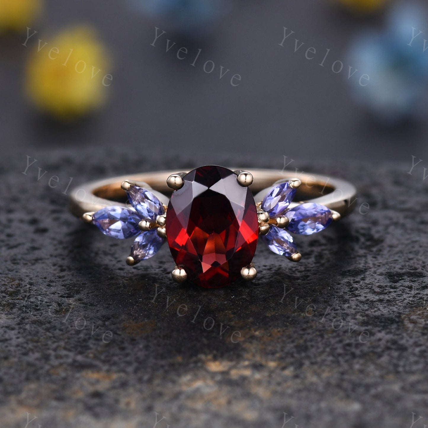 Garnet engagement ring rose gold art deco ring tanzanite moissanite stacking wedding band women promise ring bridal ring anniversary gift