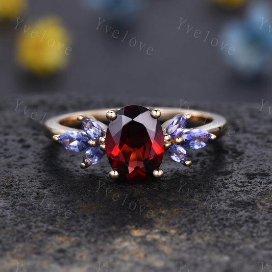 Garnet engagement ring rose gold art deco ring tanzanite moissanite stacking wedding band women promise ring bridal ring anniversary gift