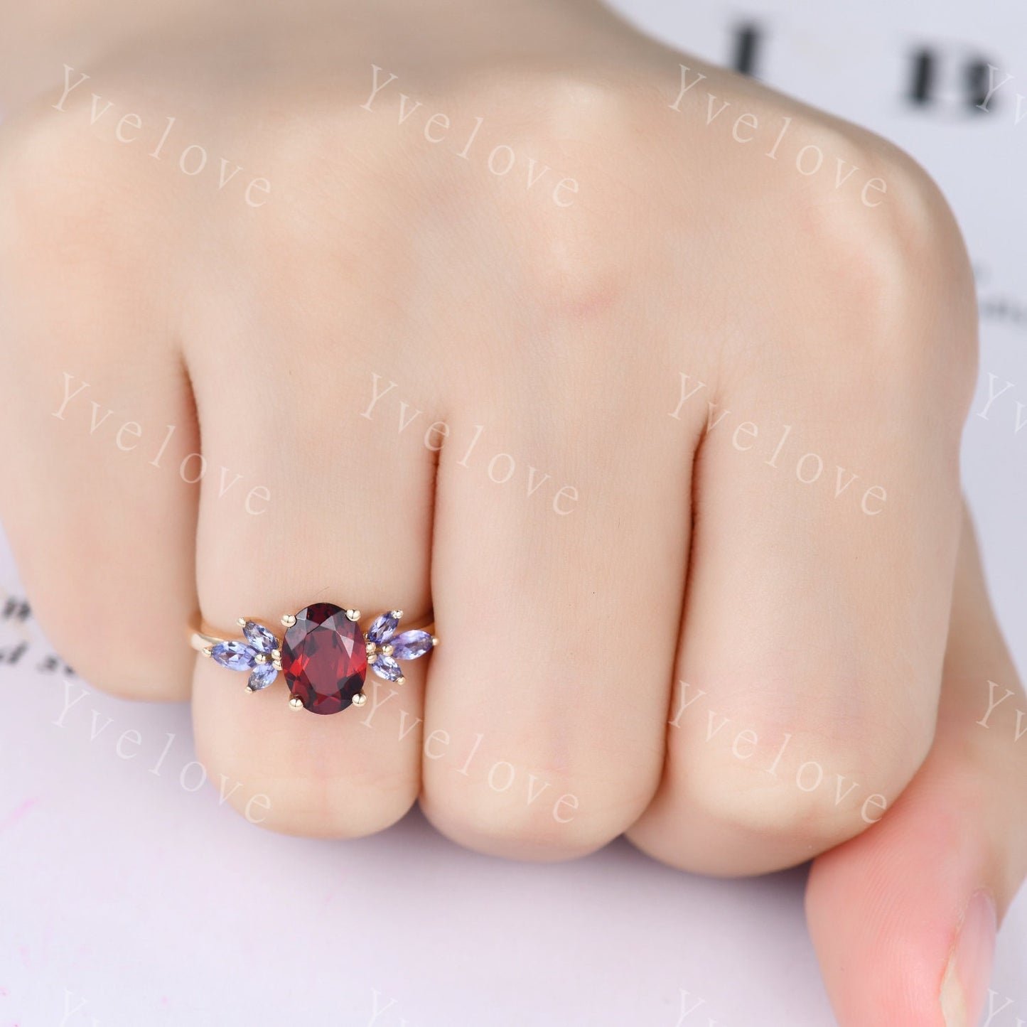 Garnet engagement ring set rose gold art deco ring tanzanite moissanite stacking wedding band women promise ring bridal set anniversary gift