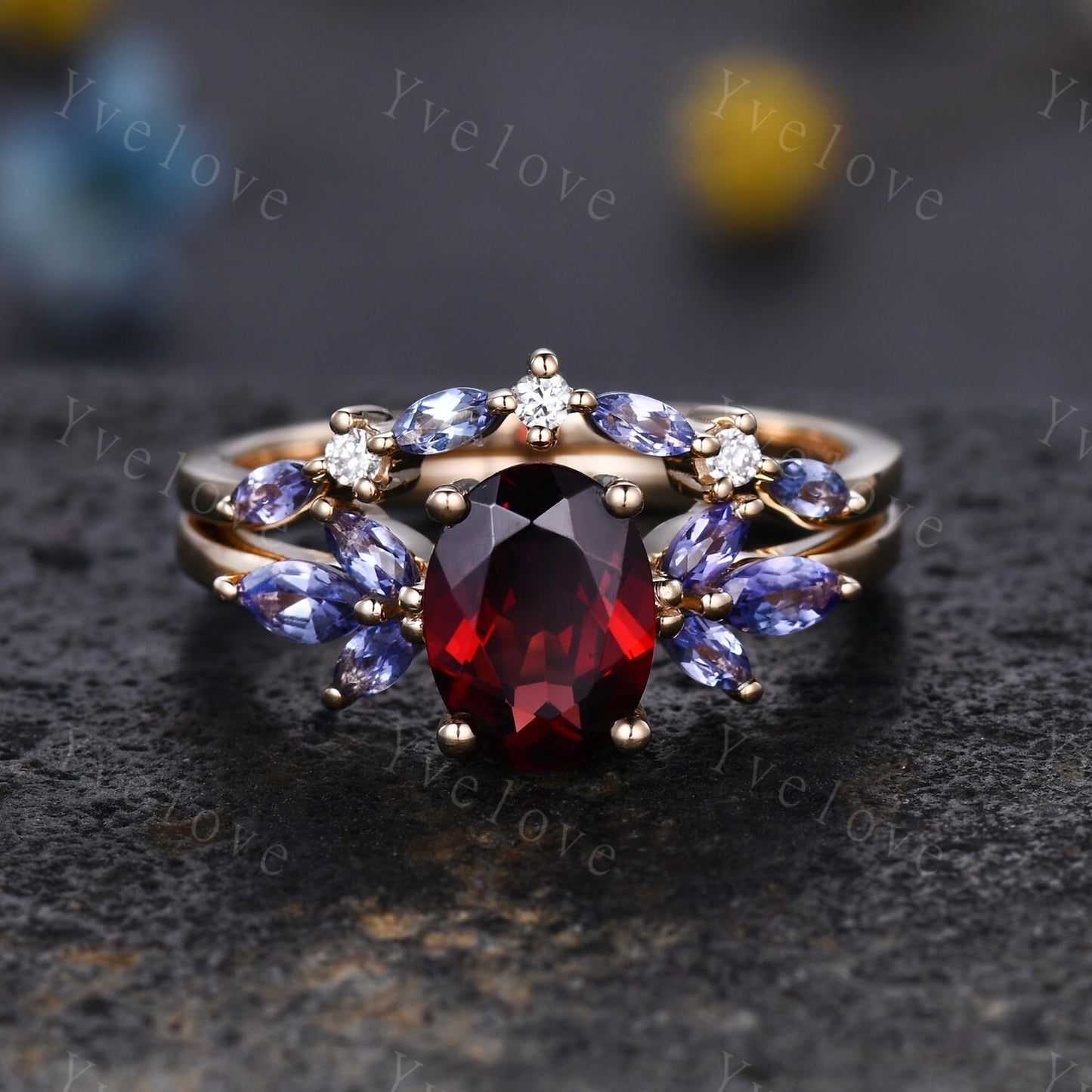 Garnet engagement ring set rose gold art deco ring tanzanite moissanite stacking wedding band women promise ring bridal set anniversary gift