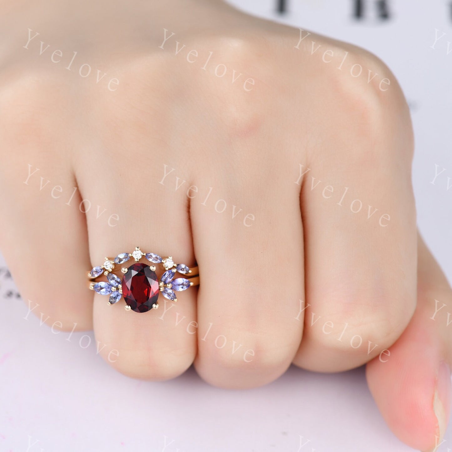 Garnet engagement ring rose gold art deco ring tanzanite moissanite stacking wedding band women promise ring bridal ring anniversary gift