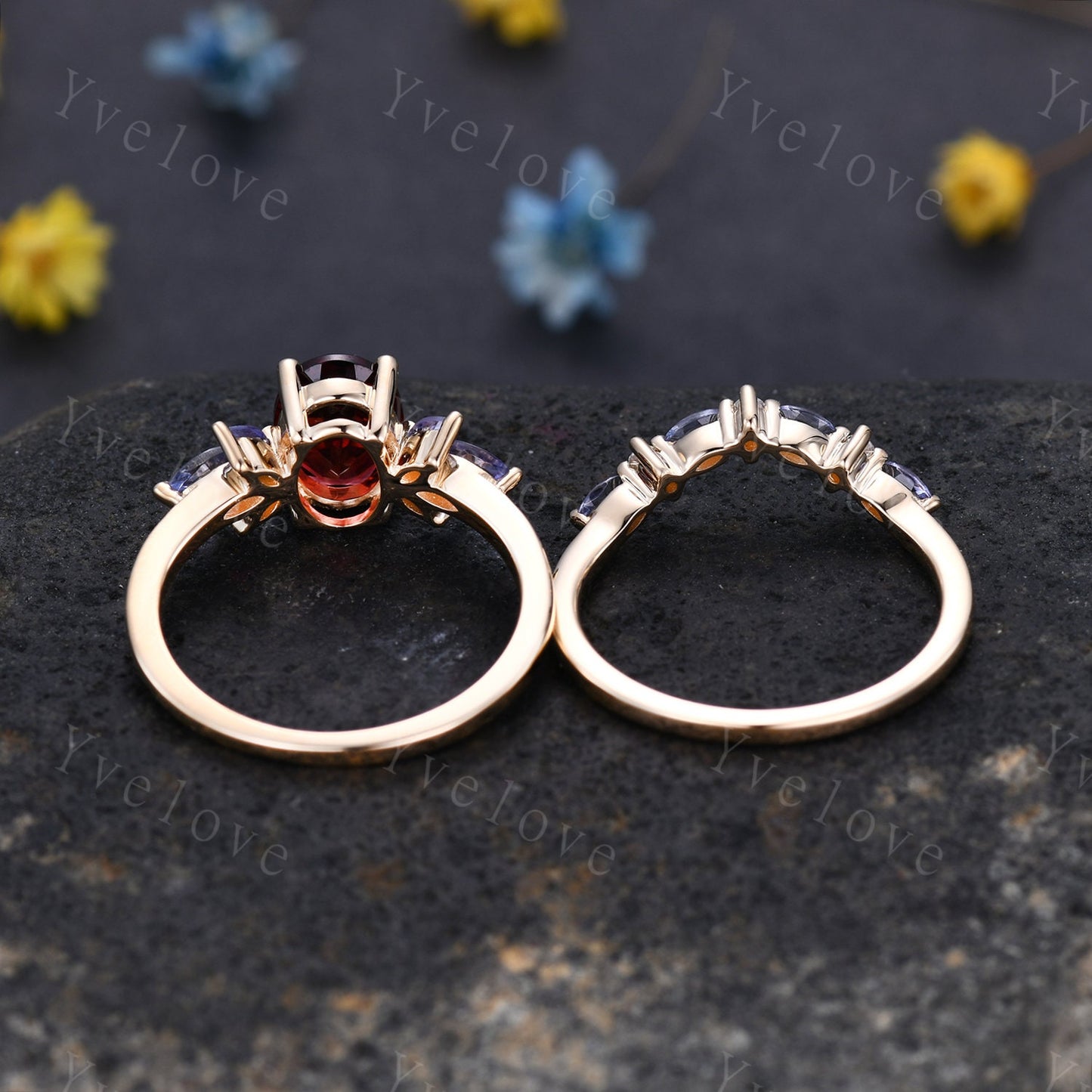 Garnet engagement ring rose gold art deco ring tanzanite moissanite stacking wedding band women promise ring bridal ring anniversary gift