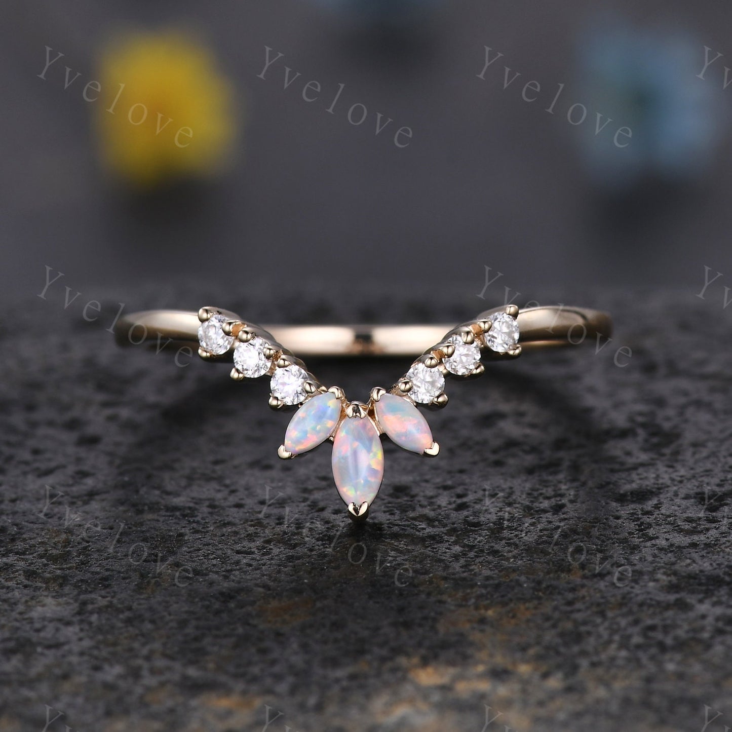 Art Deco Opal Wedding Band,Marquise Opal Band,Moissanite Diamond Wedding Band,V Chevron Ring,Matching Stacking Ring Bridal Promise Ring Gift