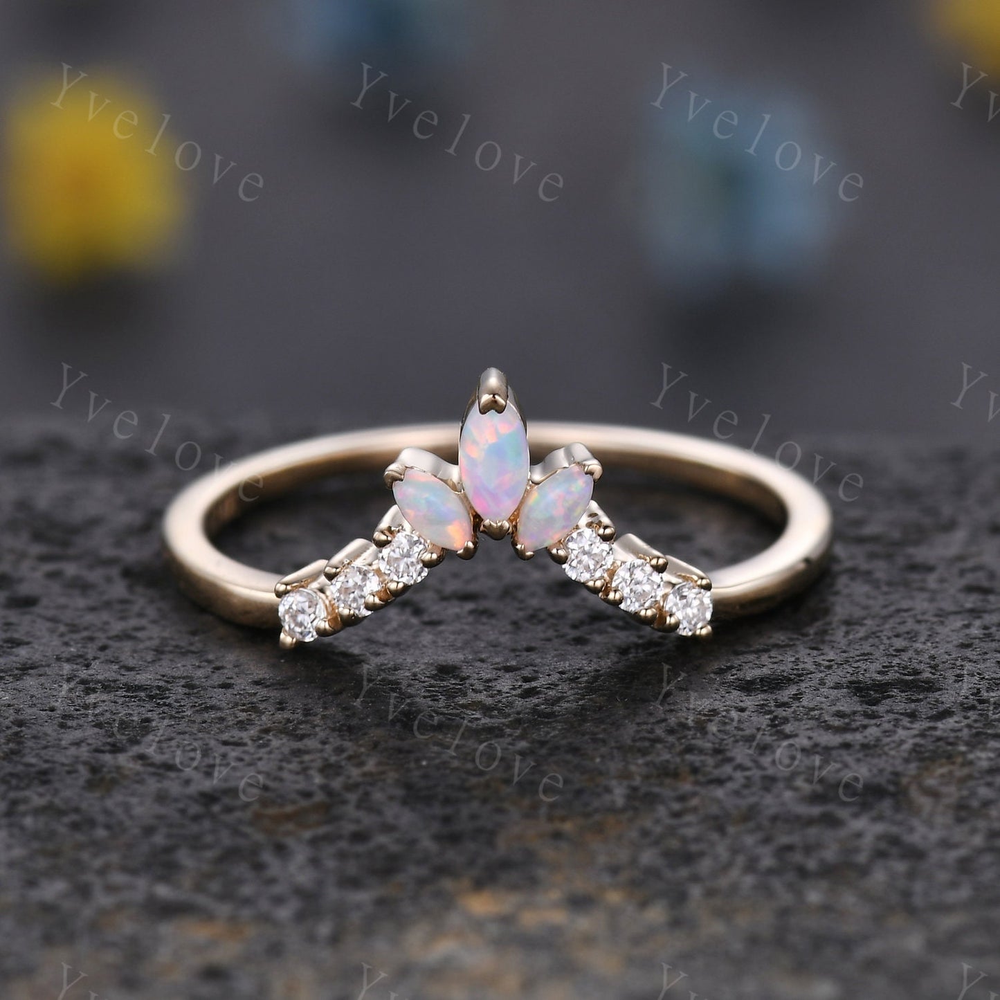 Art Deco Opal Wedding Band,Marquise Opal Band,Moissanite Diamond Wedding Band,V Chevron Ring,Matching Stacking Ring Bridal Promise Ring Gift