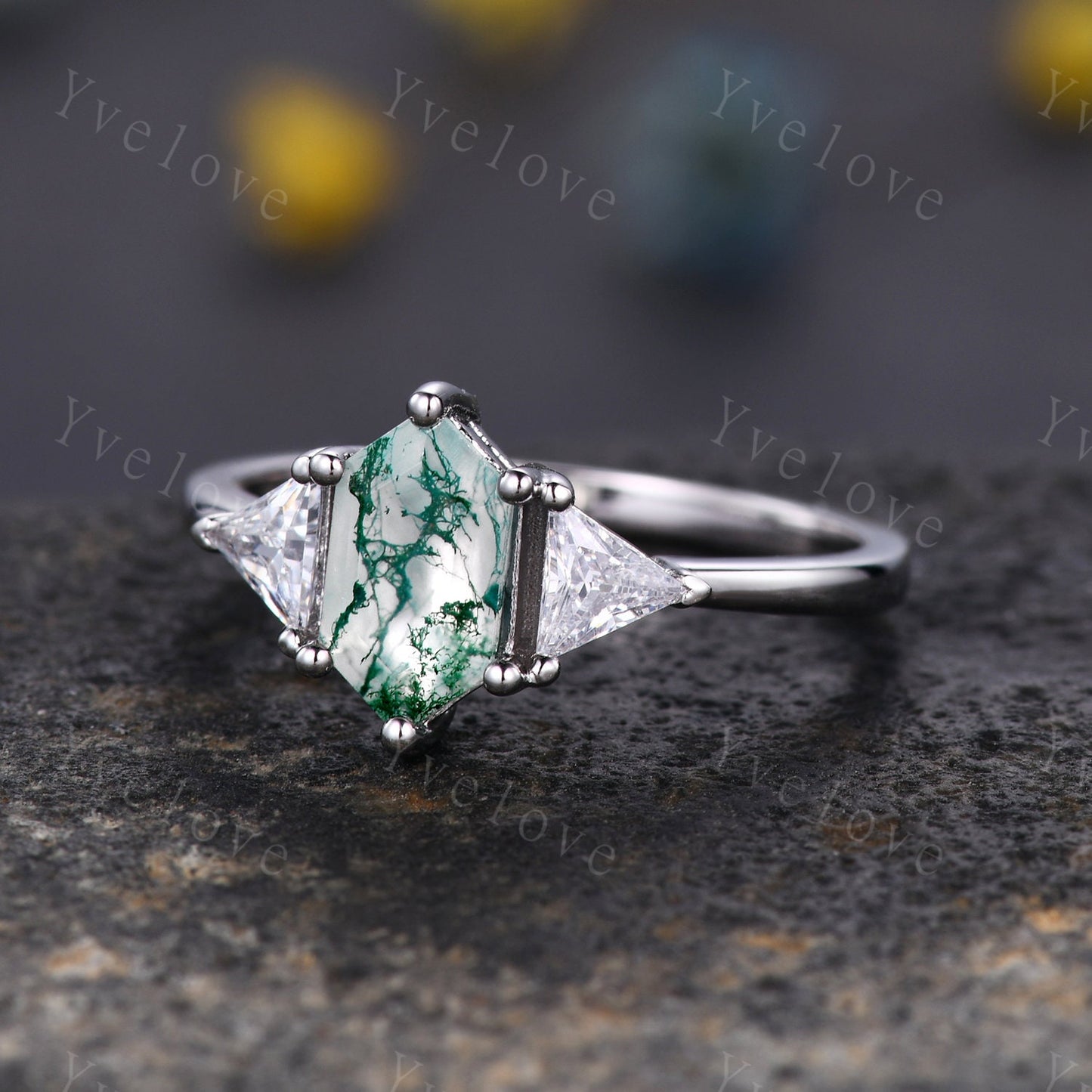 Vintage Long hexagon Cut Moss Agate Ring,Sterling Silver Ring Set,Unique Agate Aquamarine Engagement Ring,Promise Ring,Anniversary Ring Gift