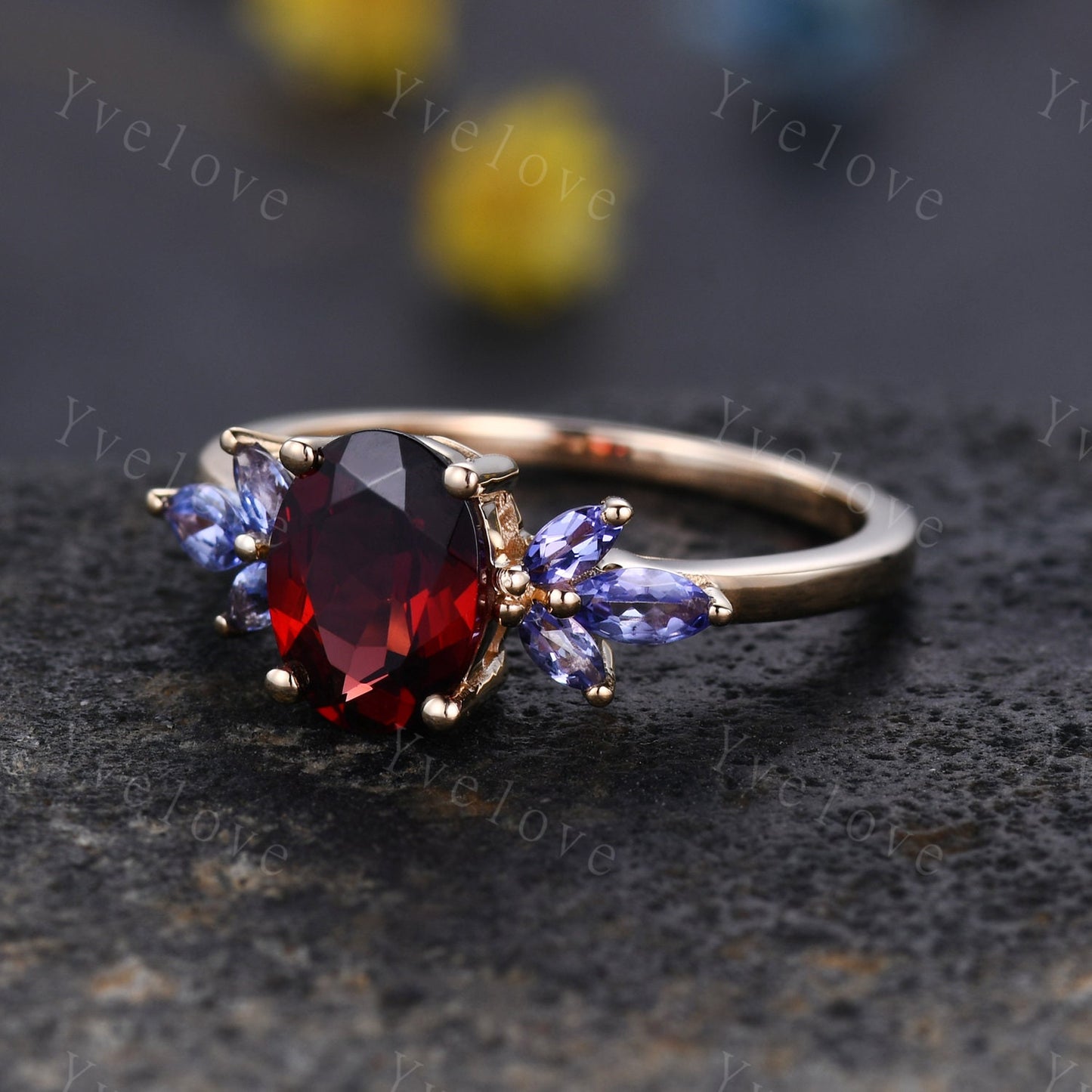 Garnet engagement ring rose gold art deco ring tanzanite moissanite stacking wedding band women promise ring bridal ring anniversary gift
