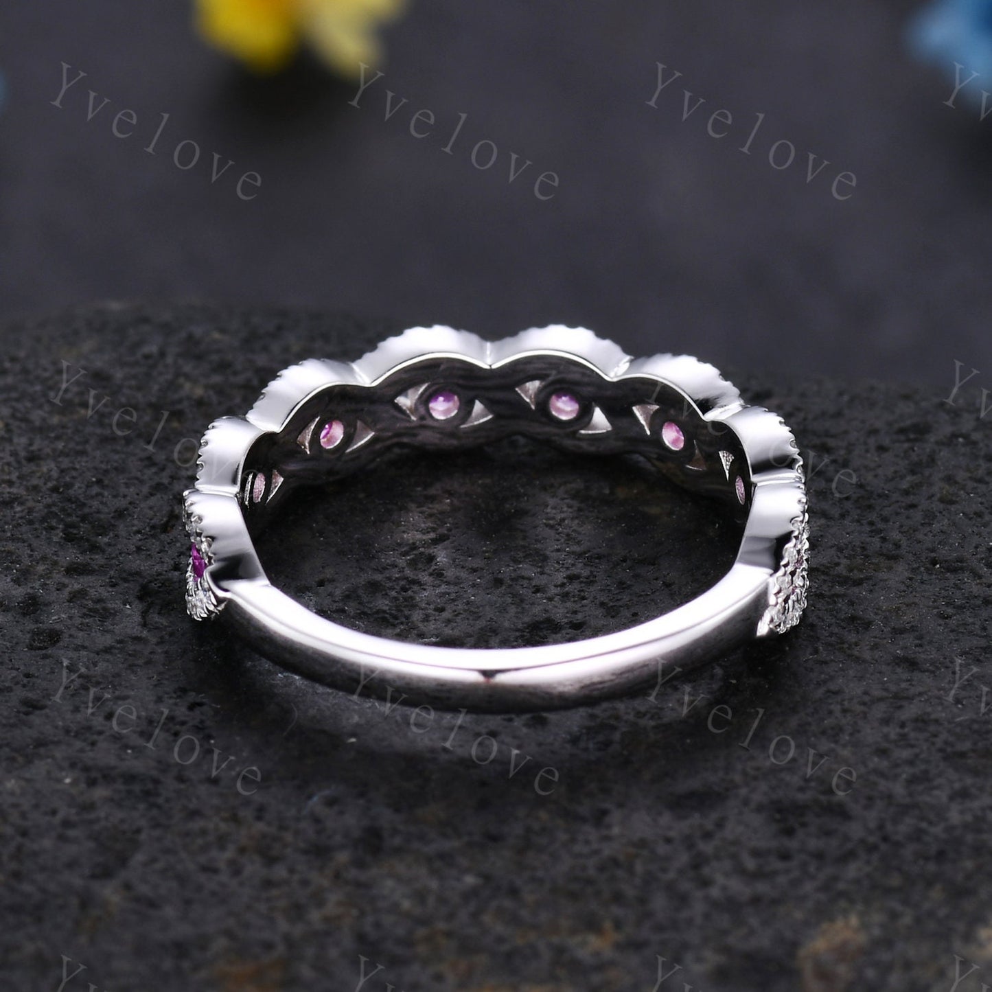 Pink sapphire wedding ring,vintage moissanite engagement band,unique wedding band, stacking band rose gold band,birthstone rings,customized
