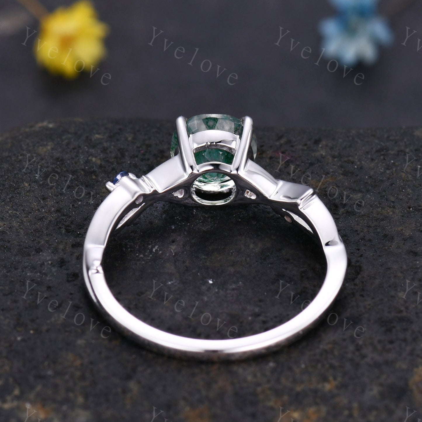 Unique Moss Agate Engagement Ring,Vintage Sapphire Ring,Branch Ring,Sterling Sliver,Twisted Ring Promise Bridal Set,Green Agate Ring For her