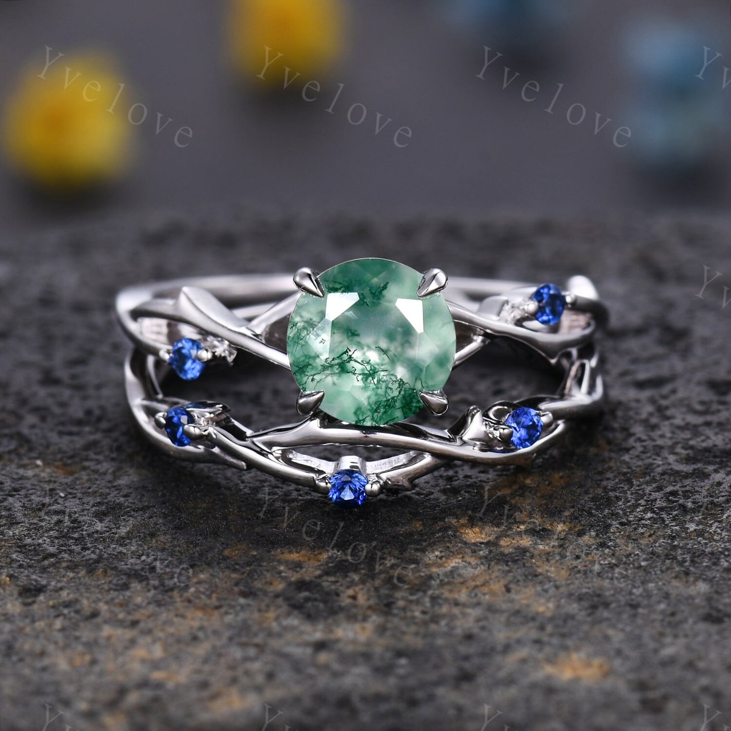 Unique Moss Agate Engagement Ring,Vintage Sapphire Ring,Branch Ring,Sterling Sliver,Twisted Ring Promise Bridal Set,Green Agate Ring For her