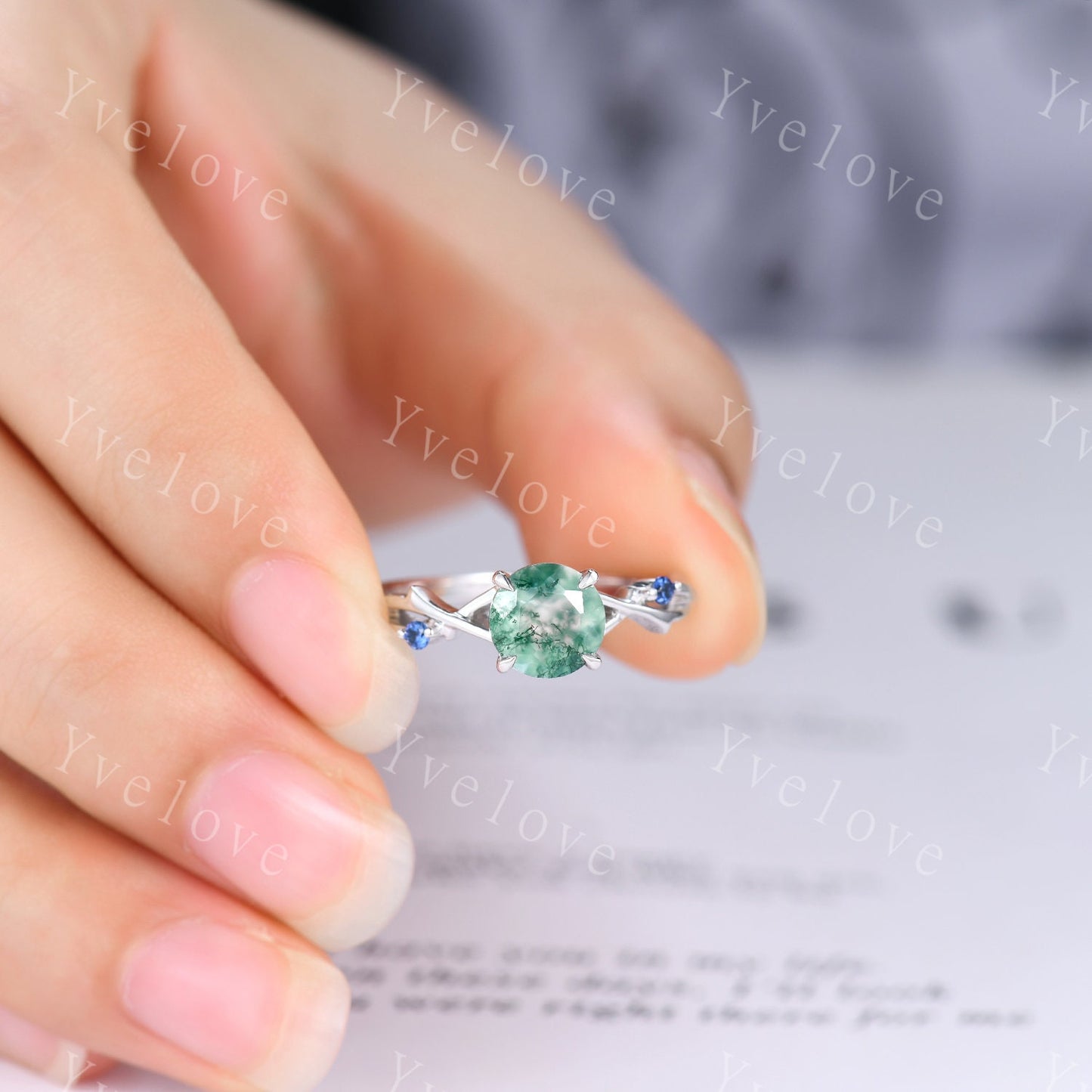 Unique Moss Agate Engagement Ring,Vintage Sapphire Ring,Branch Ring,Sterling Sliver,Twisted Ring Promise Bridal Set,Green Agate Ring For her