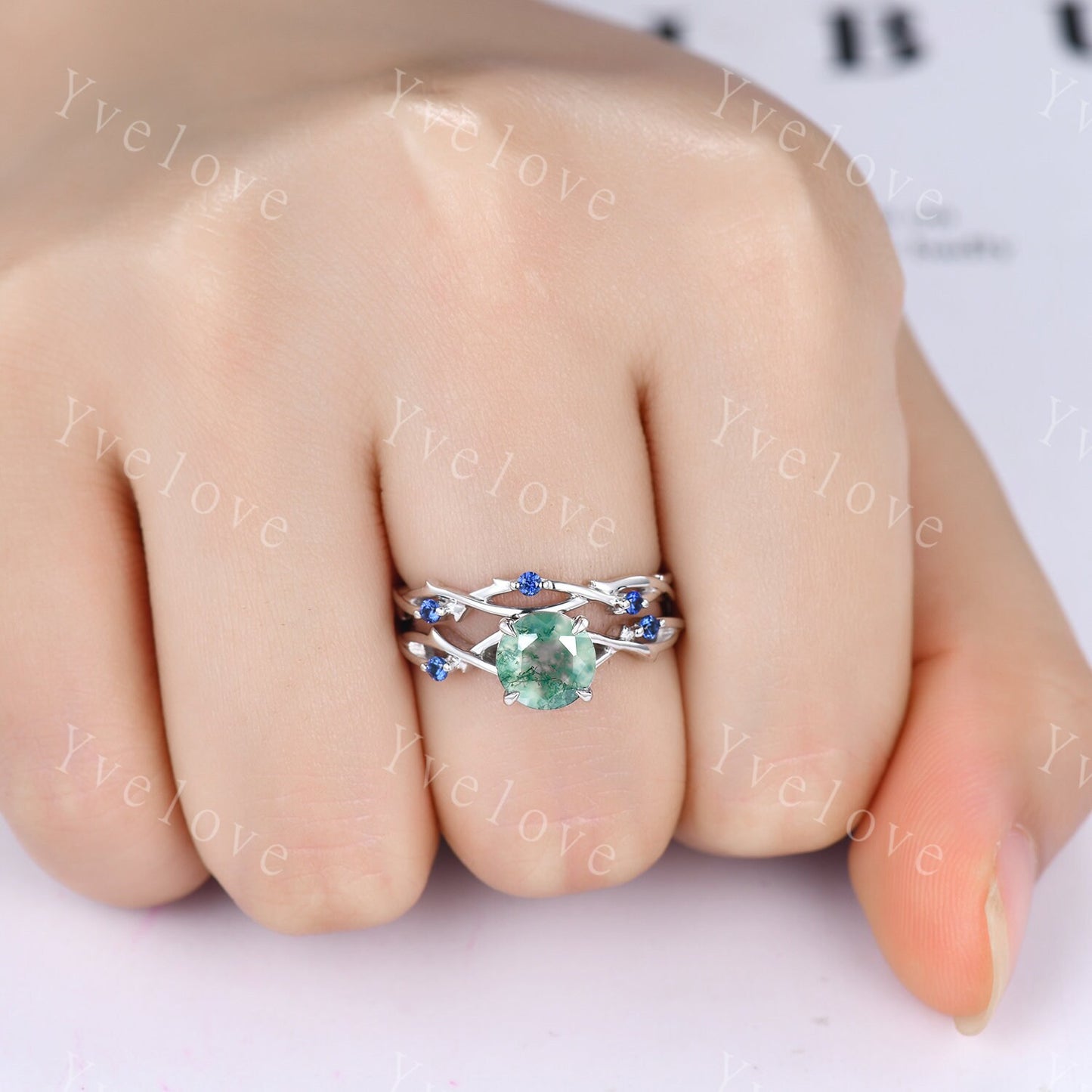 Unique Moss Agate Engagement Ring,Vintage Sapphire Ring,Branch Ring,Sterling Sliver,Twisted Ring Promise Bridal Set,Green Agate Ring For her