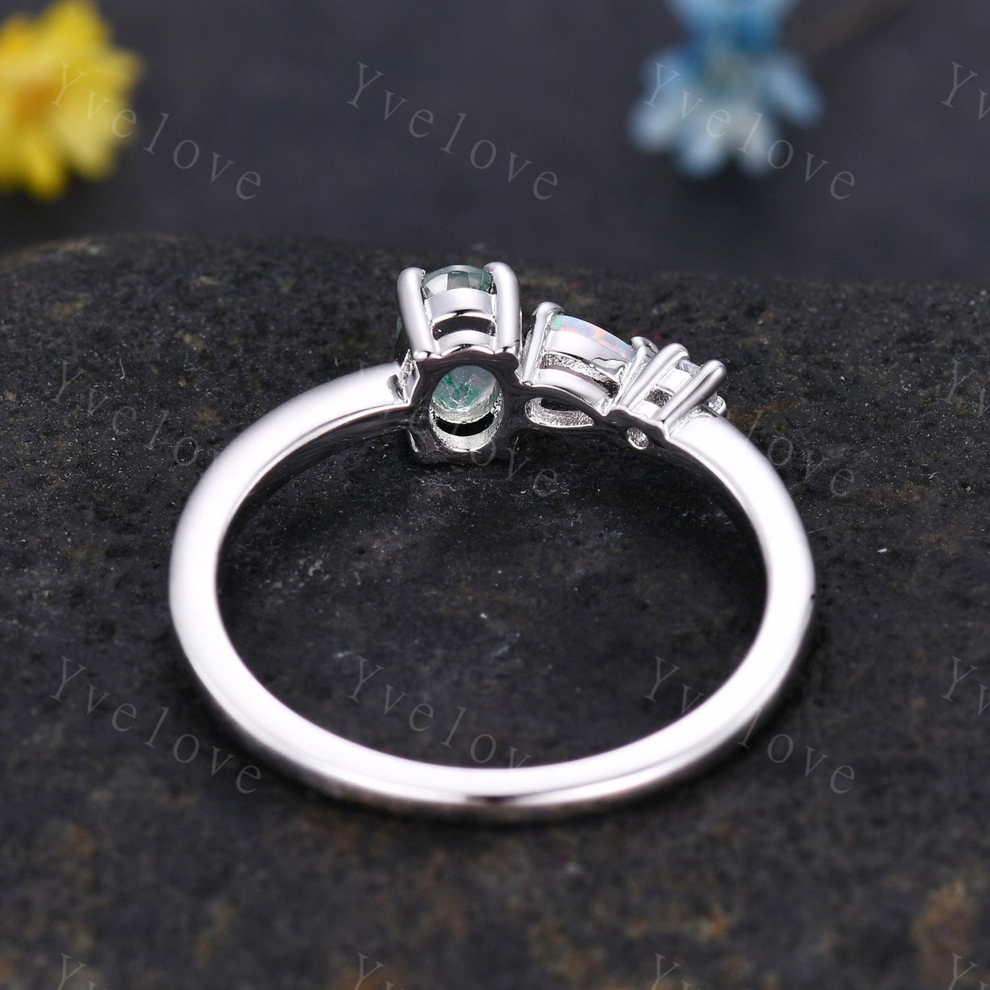 Unique Moss Agate Opal Engagement Ring,Oval Cut Gems,Art Deco Moissanite Wedding Band,3 Stone Unique Women Bridal Promise Ring,Customized
