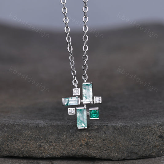 Unique Baguette cut Moss Agate Necklace, Green Gem Necklace, Silver Necklaces for Women, Art Deco Cluster Necklace, Anniversary Promise Gift